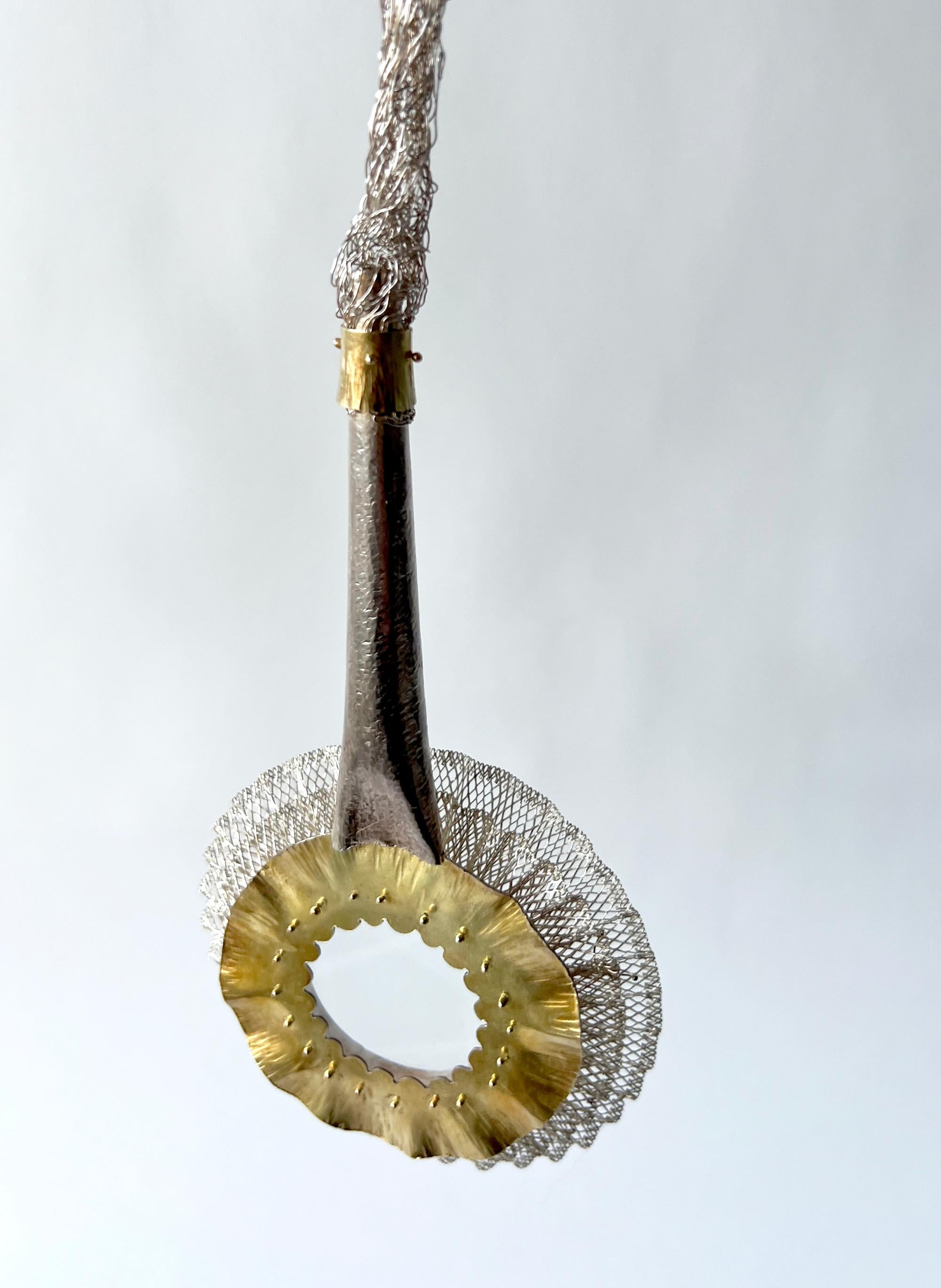 Artisan Arline Fisch Sterling Silver Gold Vermeil Crocheted Sautoir Monocle Necklace