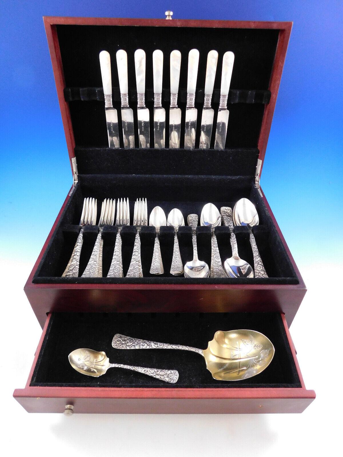 Rare multi-motif floral Arlington by Towle c1884 sterling silver Flatware set - 50 Pieces (including 8 Mother of Pearl handle knives). This set includes:

8 Mother of Pearl handle Knives, 8 5/8