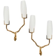 Arlus, 3 Sconces in Bronze and Opaline Glass, circa 1960