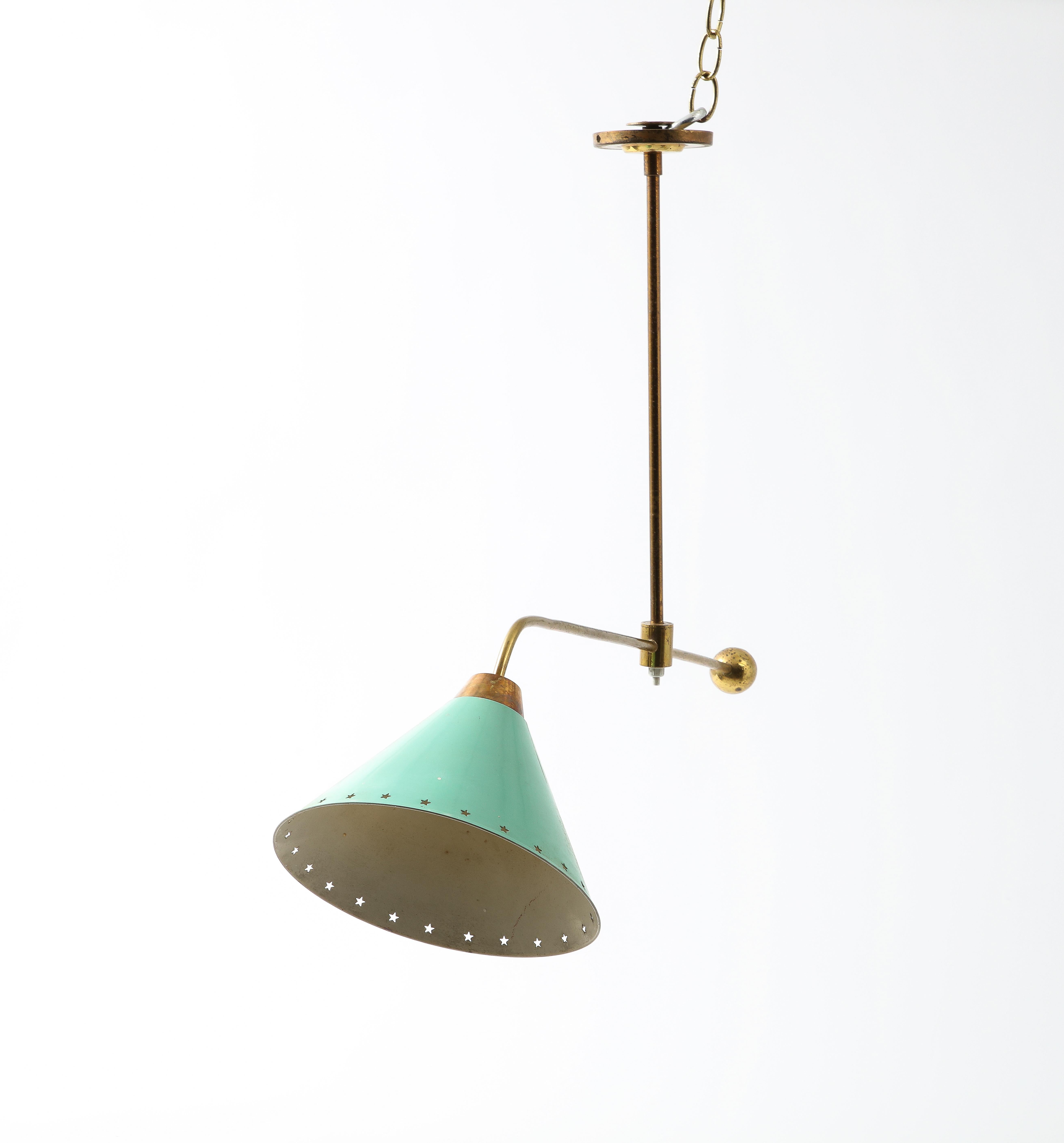 Arlus Brass Asymmetrical Ceiling Fixture with Green Shade, France 1960's For Sale 2