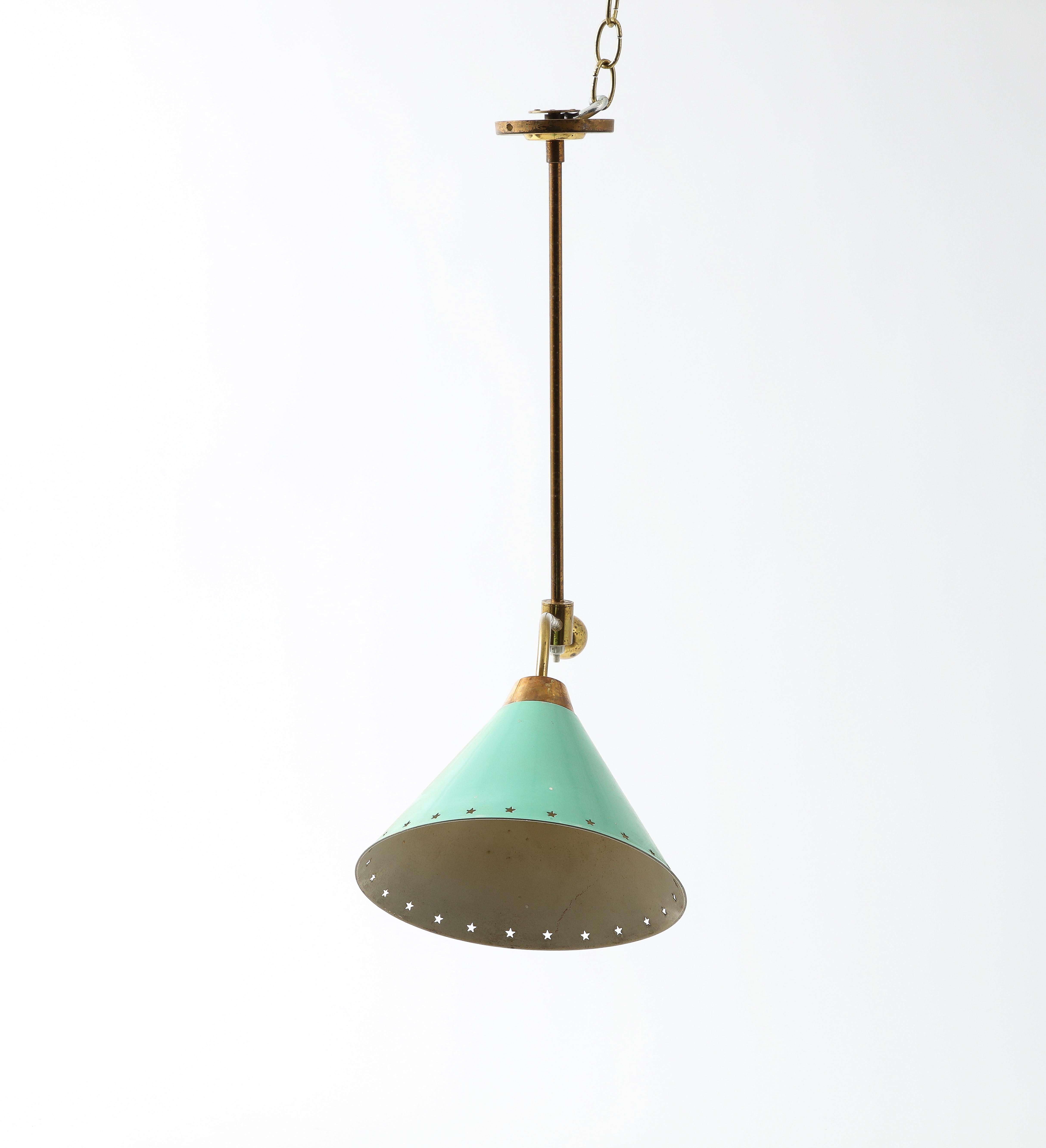 Arlus Brass Asymmetrical Ceiling Fixture with Green Shade, France 1960's For Sale 3