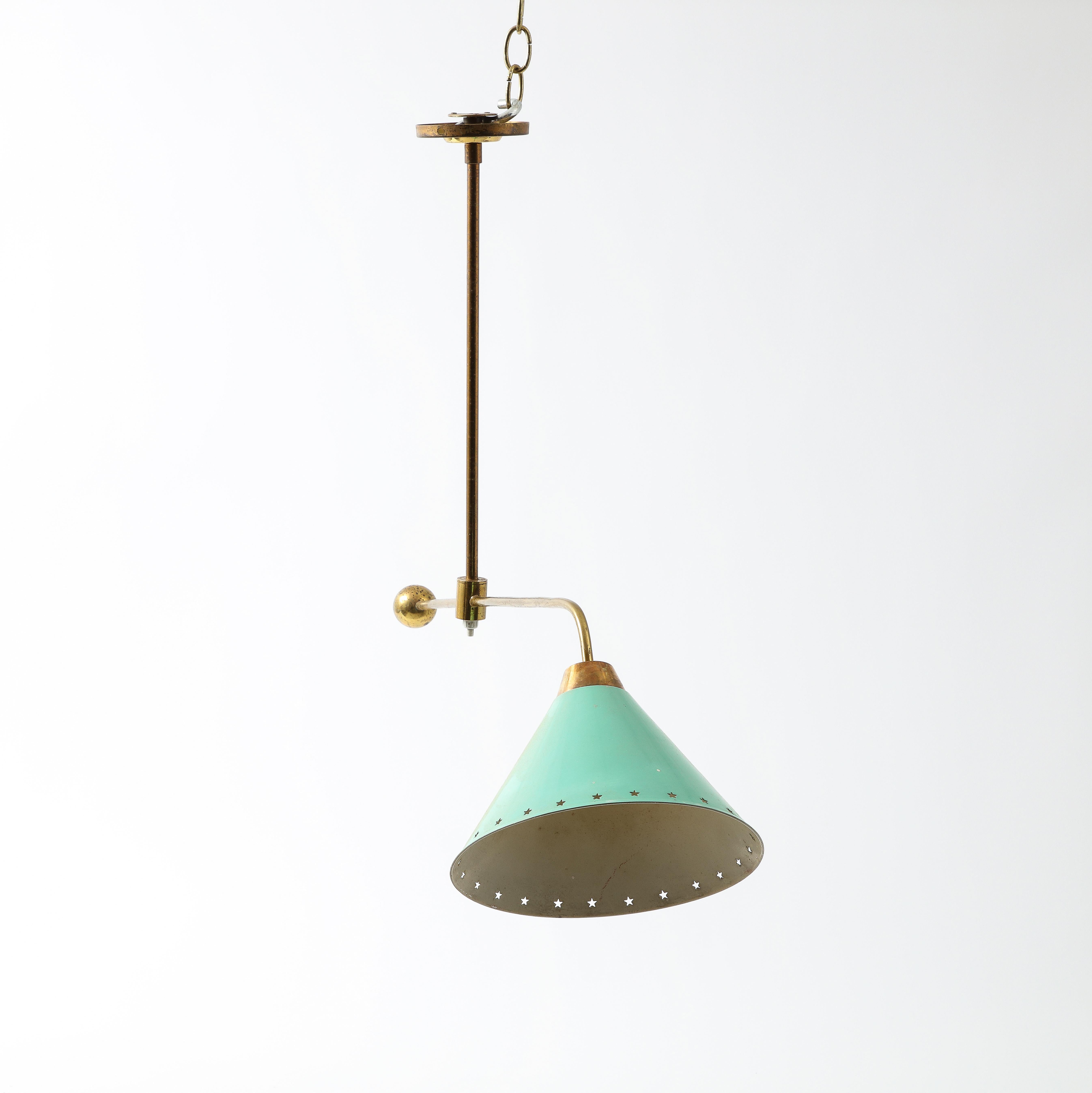 Arlus Brass Asymmetrical Ceiling Fixture with Green Shade, France 1960's For Sale 4
