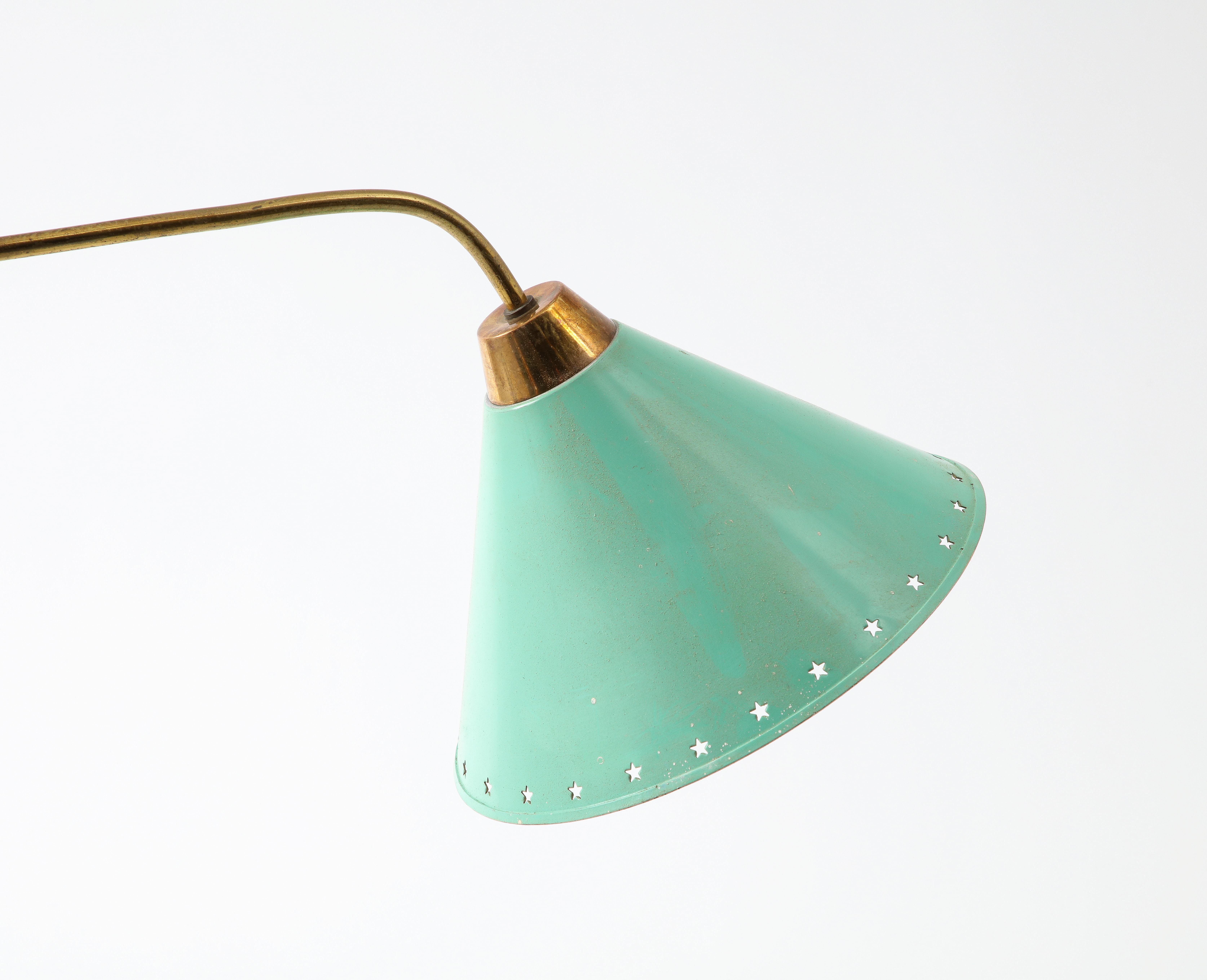 Mid-Century Modern Arlus Brass Asymmetrical Ceiling Fixture with Green Shade, France 1960's For Sale