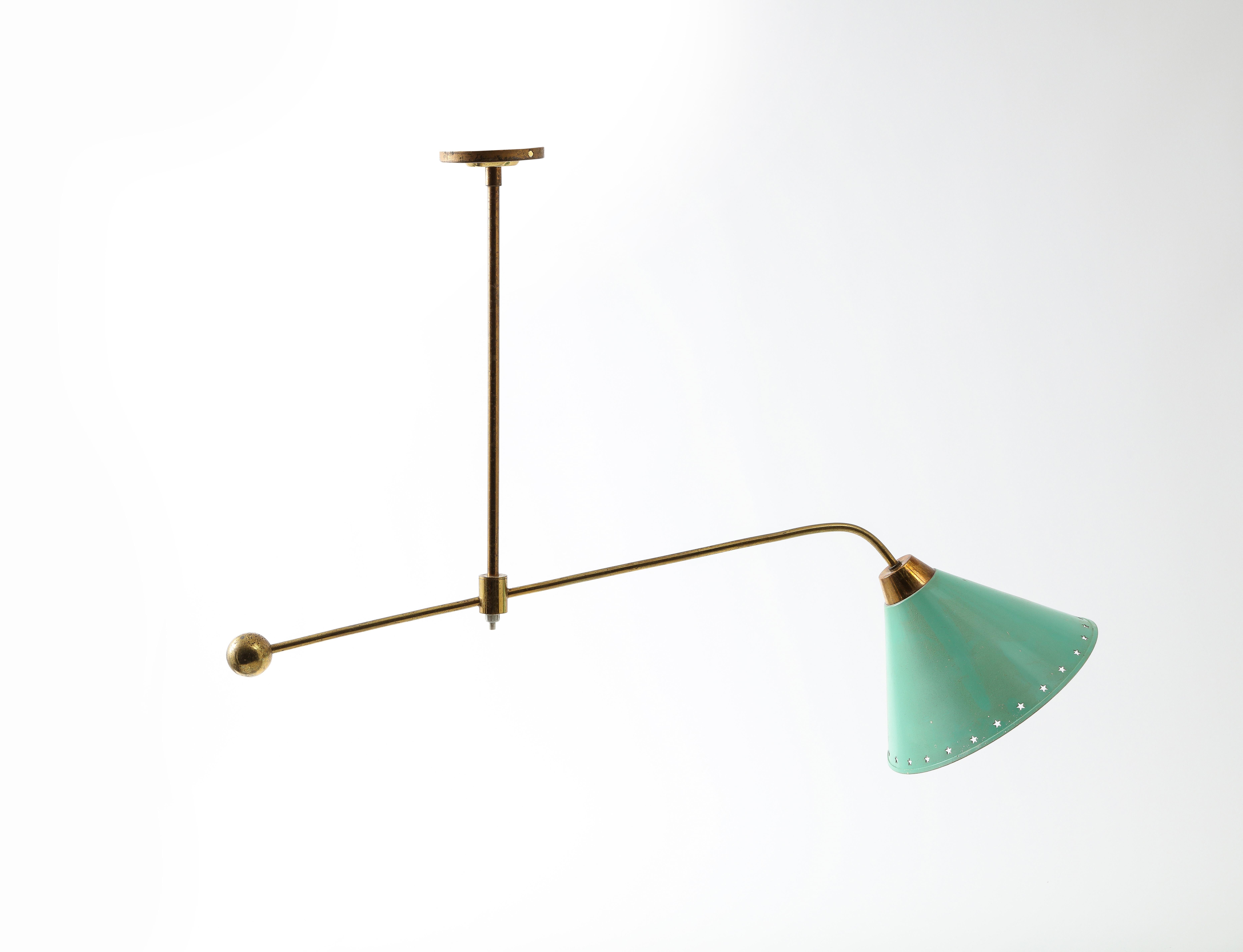 20th Century Arlus Brass Asymmetrical Ceiling Fixture with Green Shade, France 1960's For Sale