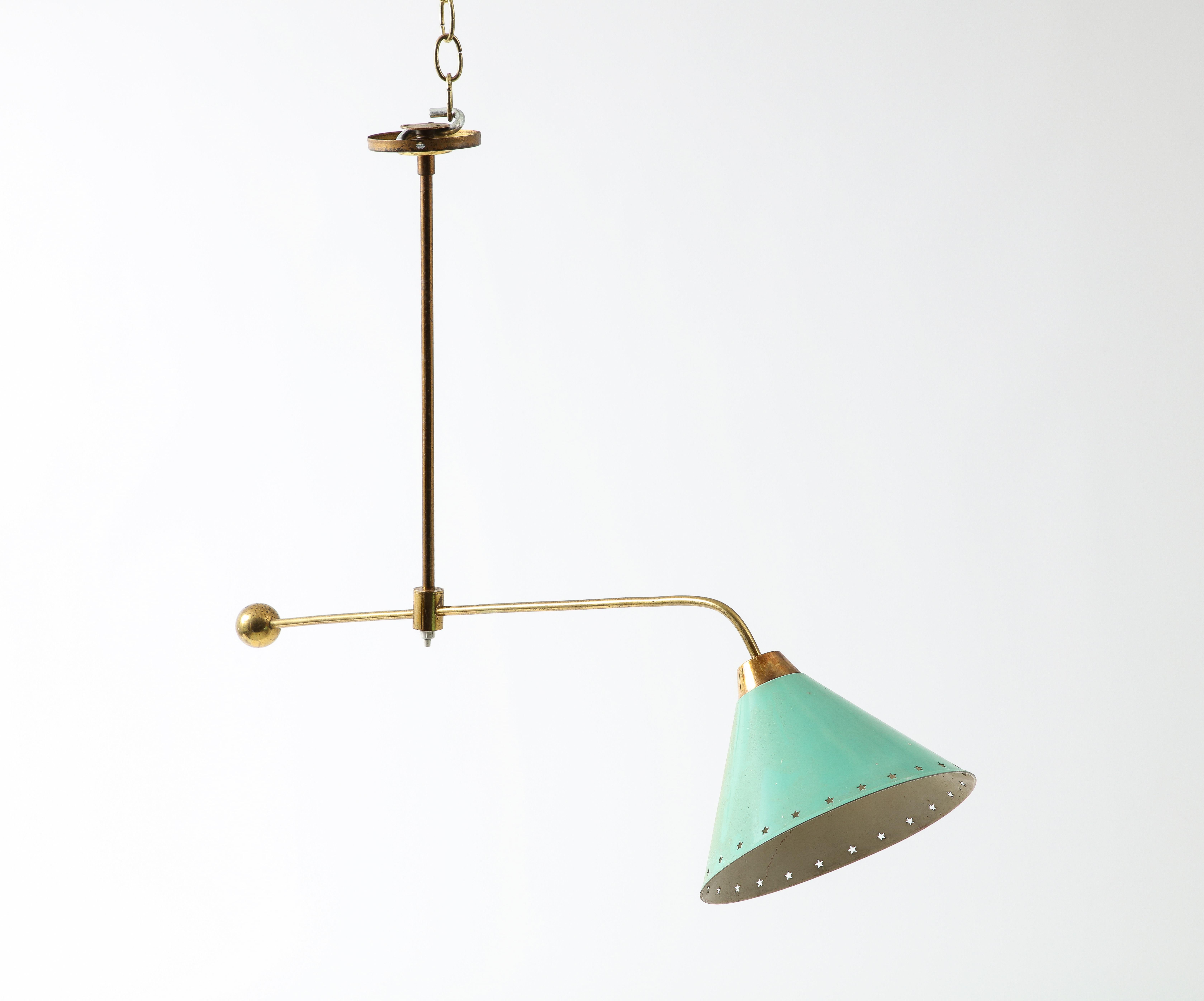 Arlus Brass Asymmetrical Ceiling Fixture with Green Shade, France 1960's For Sale 1