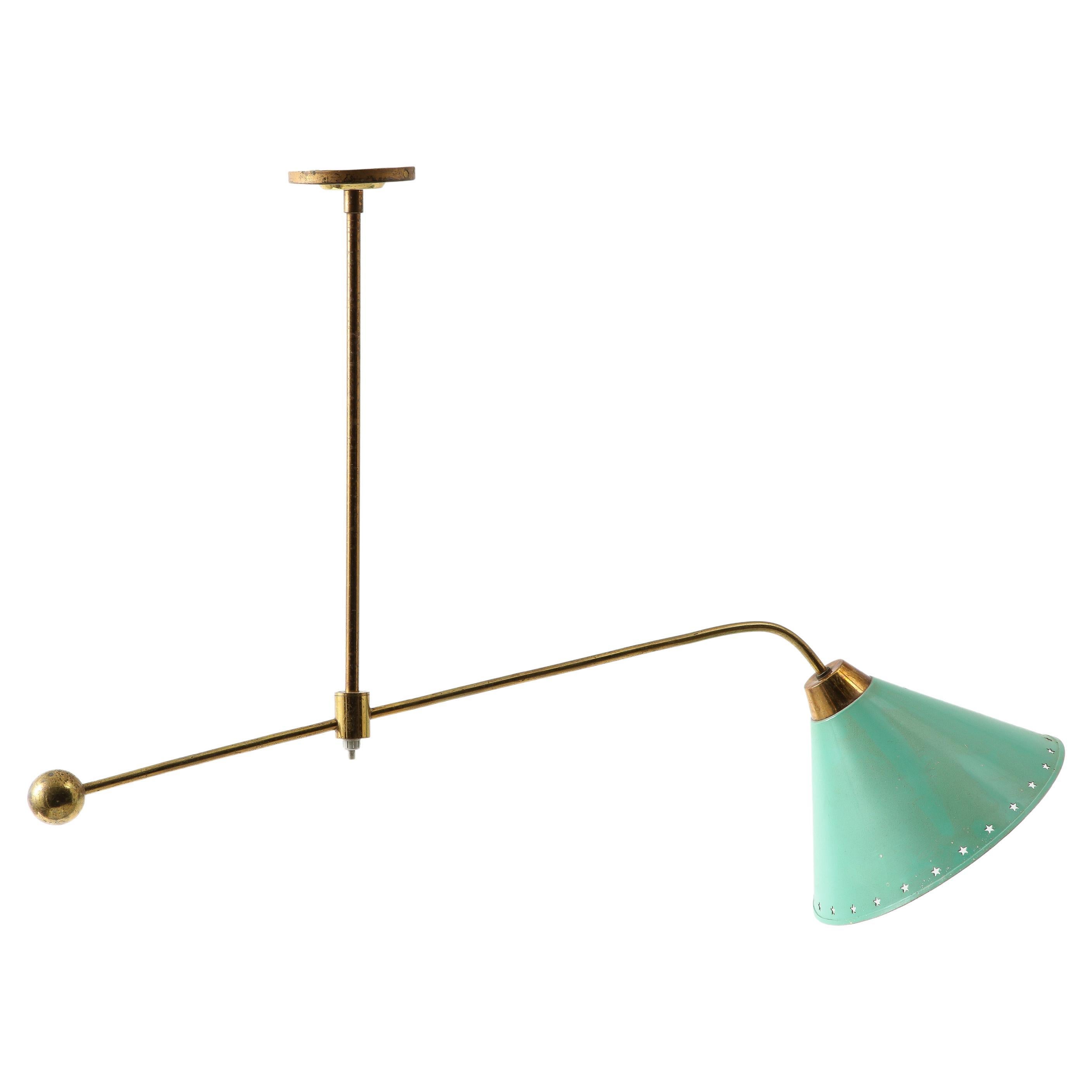 Arlus Brass Asymmetrical Ceiling Fixture with Green Shade, France 1960's
