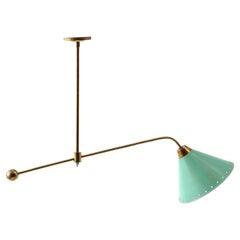 Retro Arlus Brass Asymmetrical Ceiling Fixture with Green Shade, France 1960's