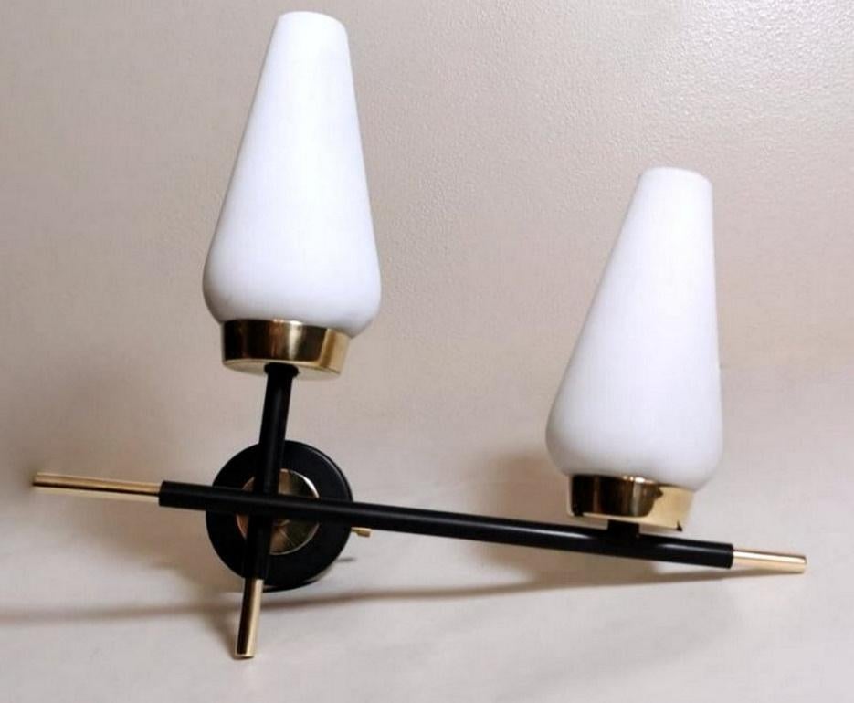 Mid-Century Modern Arlus Maison Style French Wall Lamp in Brass and Opaline
