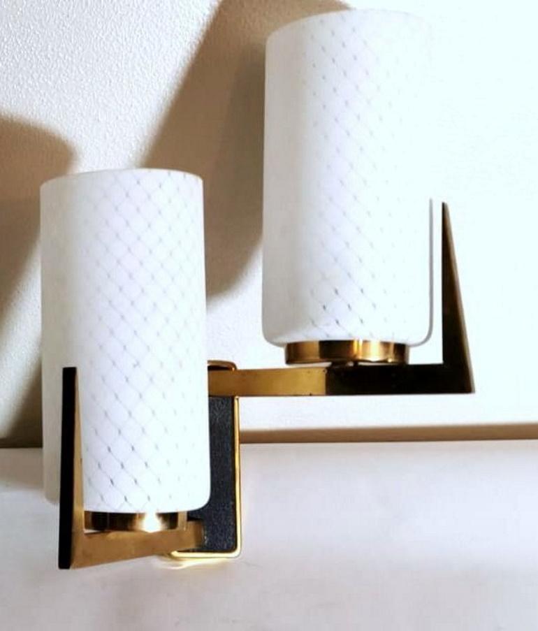 Mid-Century Modern Arlus Maison Style Pair of French Sconces in Brass and Opaline, 1958