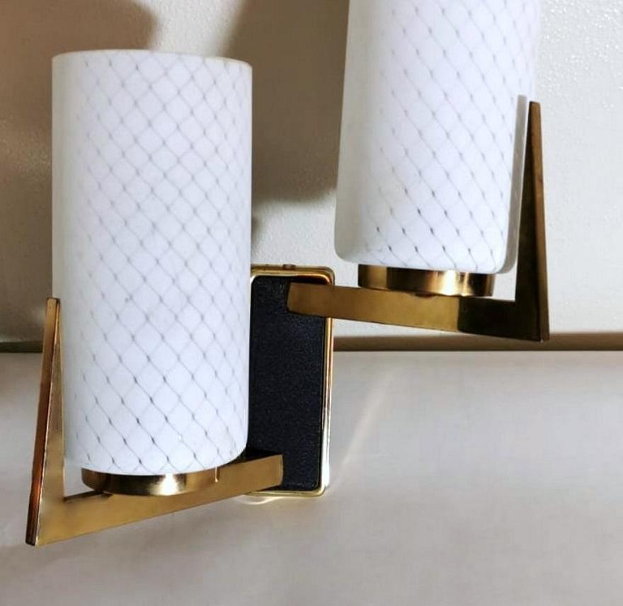 Polished Arlus Maison Style Pair of French Sconces in Brass and Opaline, 1958