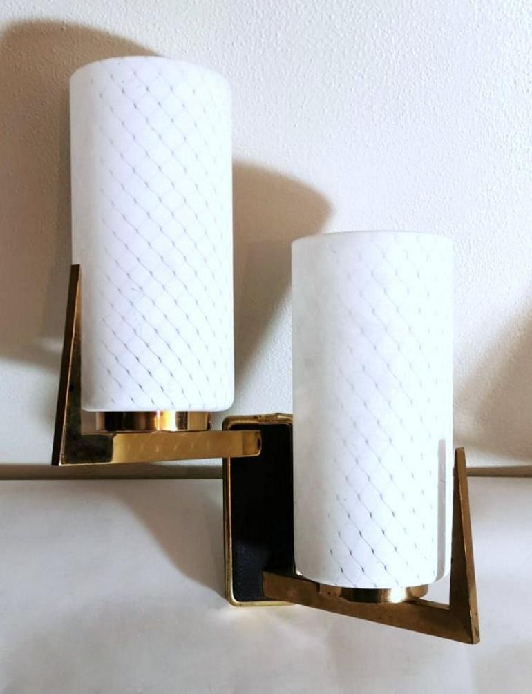 Arlus Maison Style Pair of French Sconces in Brass and Opaline, 1958 In Good Condition In Prato, Tuscany