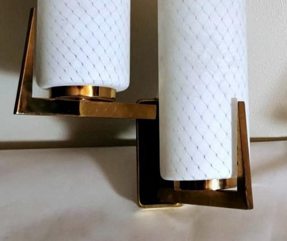 20th Century Arlus Maison Style Pair of French Sconces in Brass and Opaline, 1958