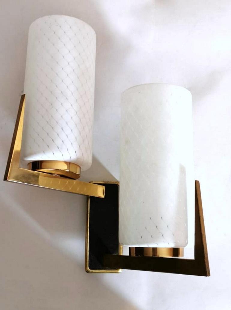 Arlus Maison Style Pair of French Sconces in Brass and Opaline, 1958 1