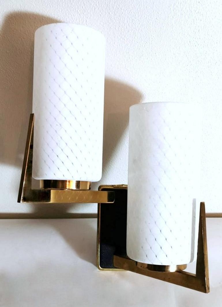 Arlus Maison Style Pair of French Sconces in Brass and Opaline, 1958 2