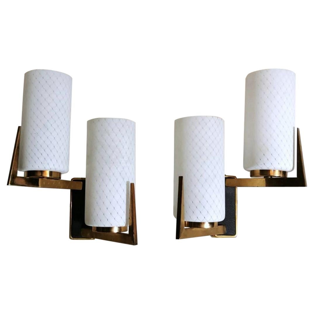 Arlus Maison Style Pair of French Sconces in Brass and Opaline, 1958