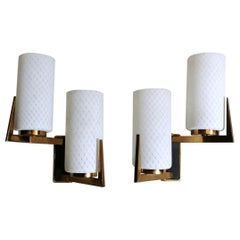 Arlus Maison Style Pair of French Sconces in Brass and Opaline, 1958