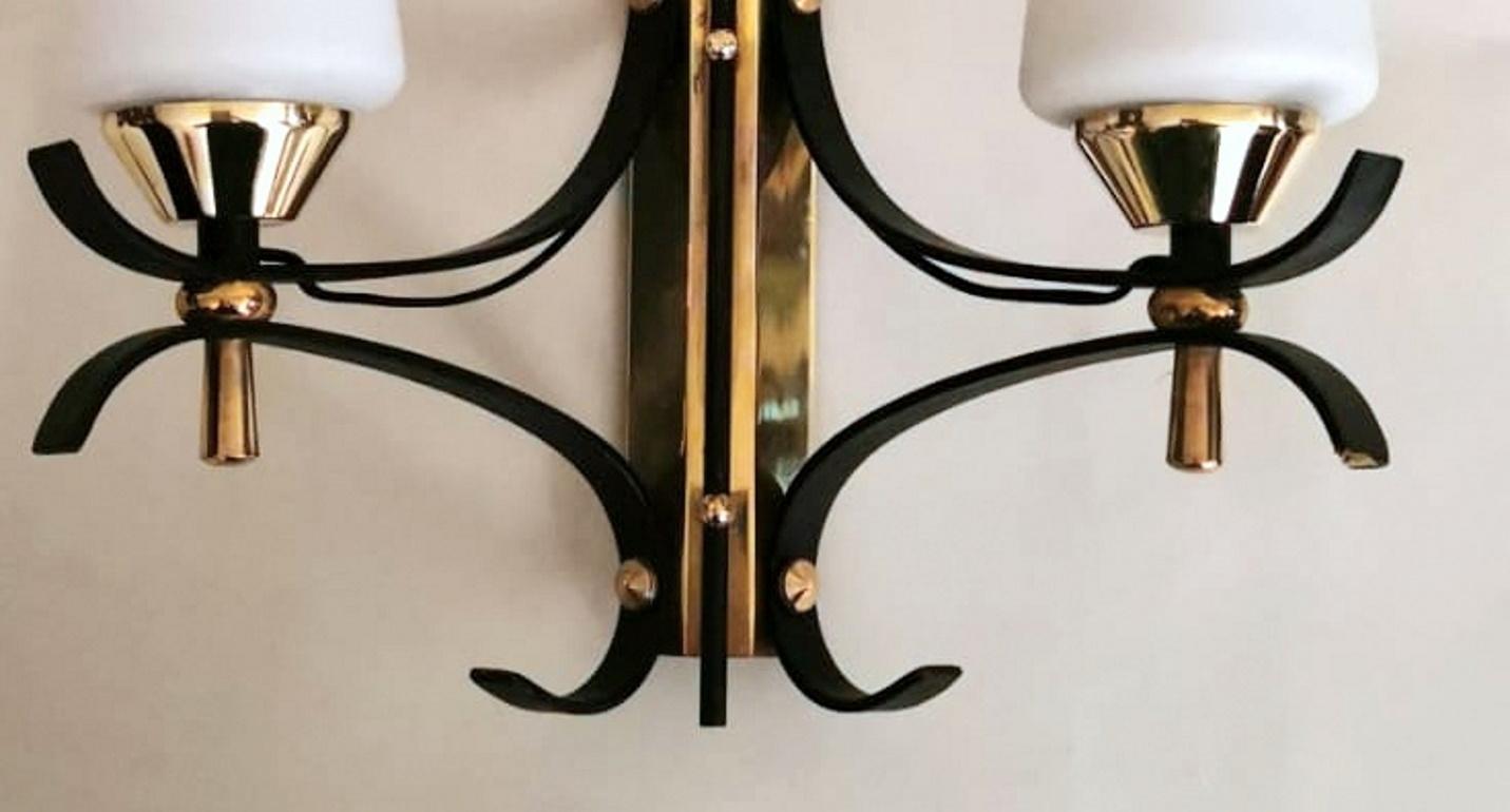 Arlus Maison Style Pair of French Wall Sconces in Brass and Opaline 3