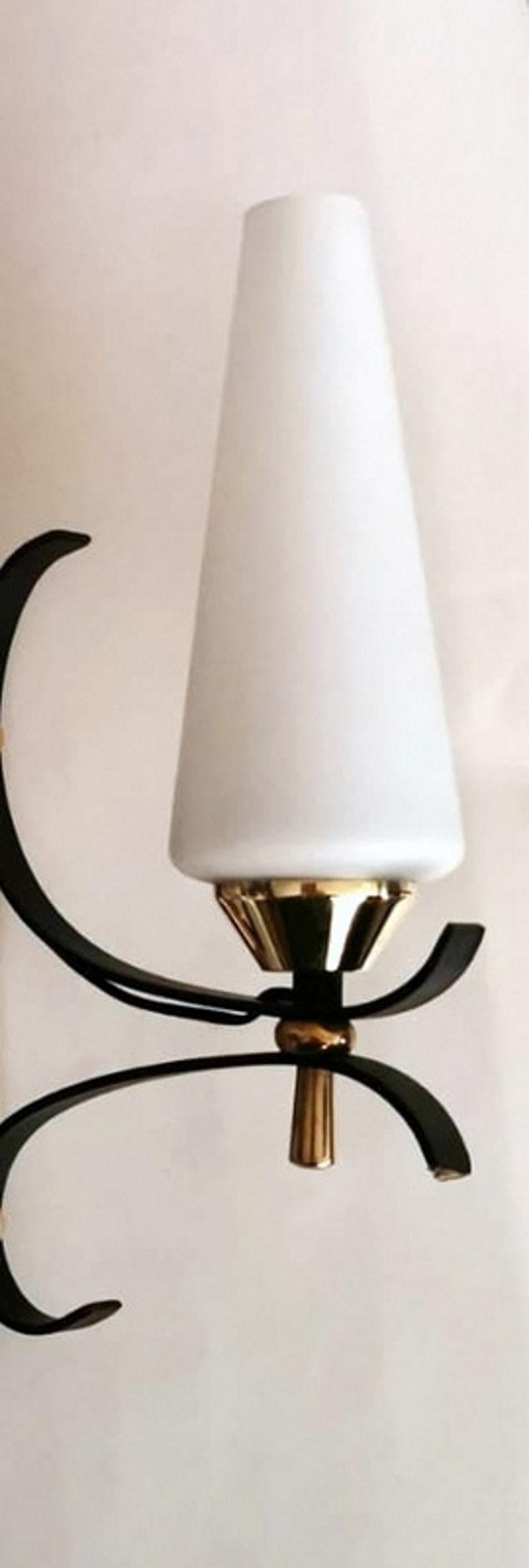Arlus Maison Style Pair of French Wall Sconces in Brass and Opaline 4