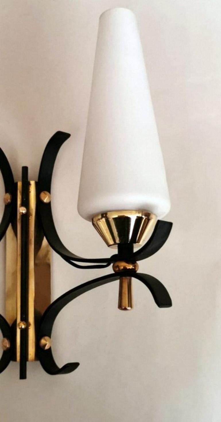 Arlus Maison Style Pair of French Wall Sconces in Brass and Opaline 6