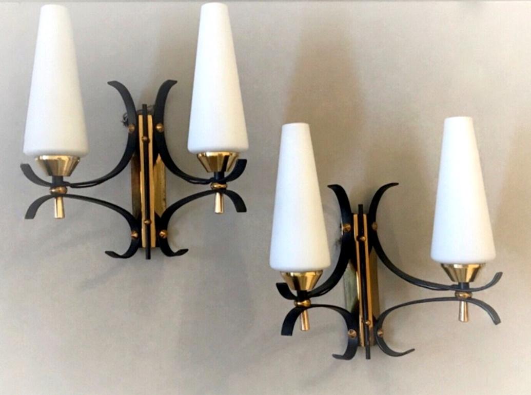 Mid-Century Modern Arlus Maison Style Pair of French Wall Sconces in Brass and Opaline
