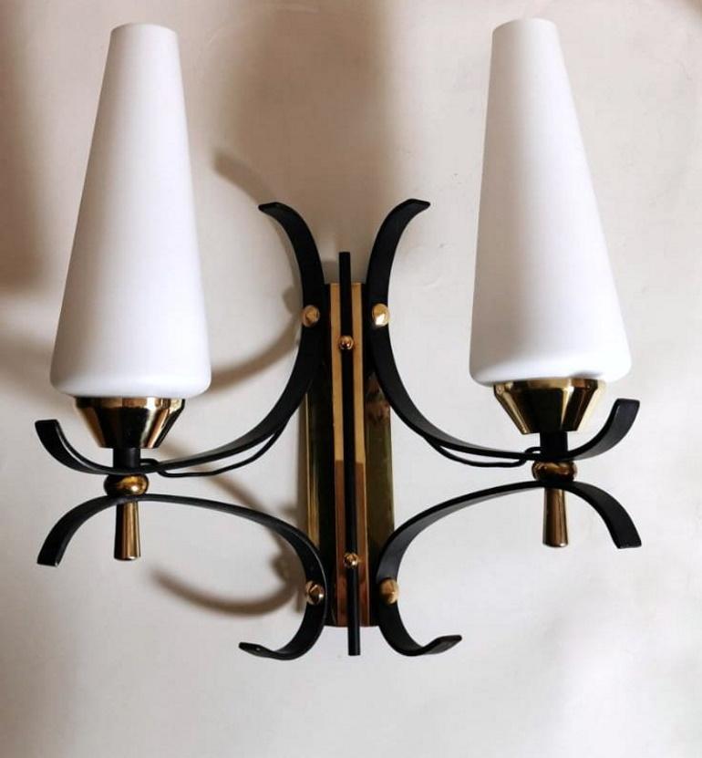 Polished Arlus Maison Style Pair of French Wall Sconces in Brass and Opaline