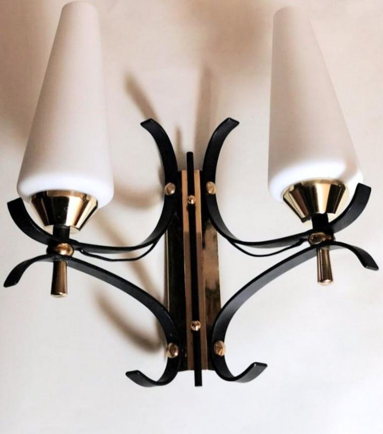 20th Century Arlus Maison Style Pair of French Wall Sconces in Brass and Opaline