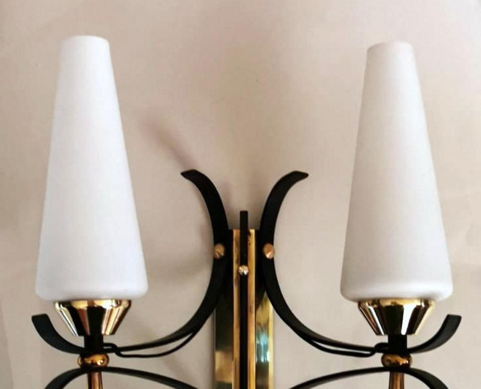 Arlus Maison Style Pair of French Wall Sconces in Brass and Opaline 1