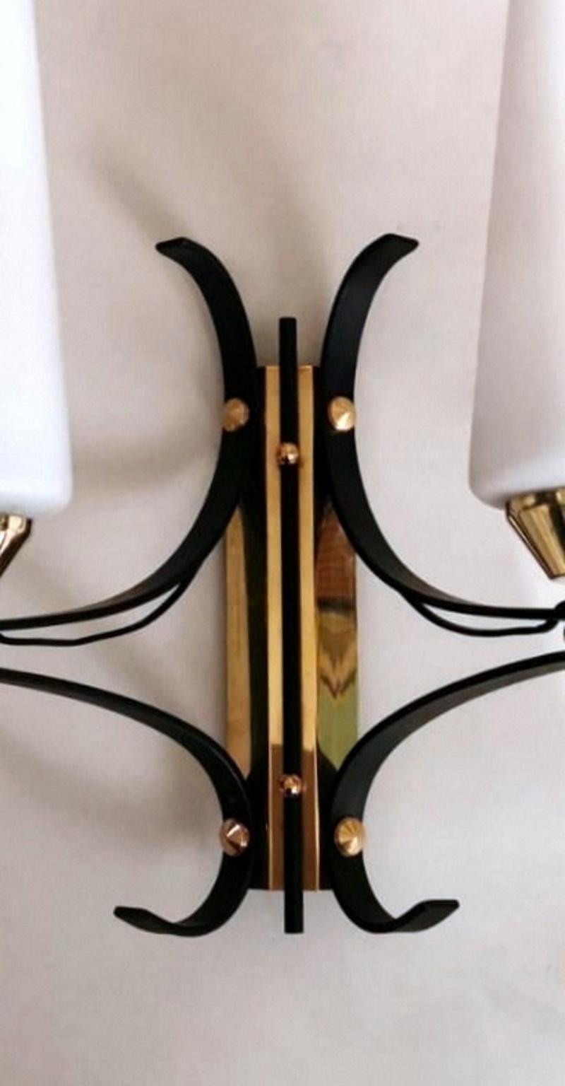 Arlus Maison Style Pair of French Wall Sconces in Brass and Opaline 2