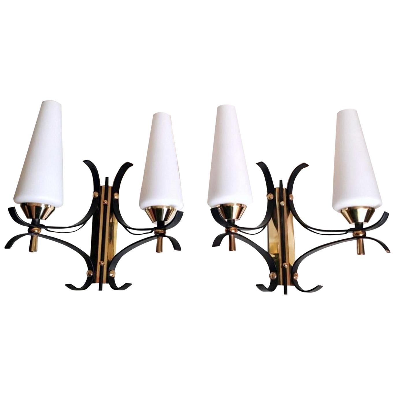 Arlus Maison Style Pair of French Wall Sconces in Brass and Opaline