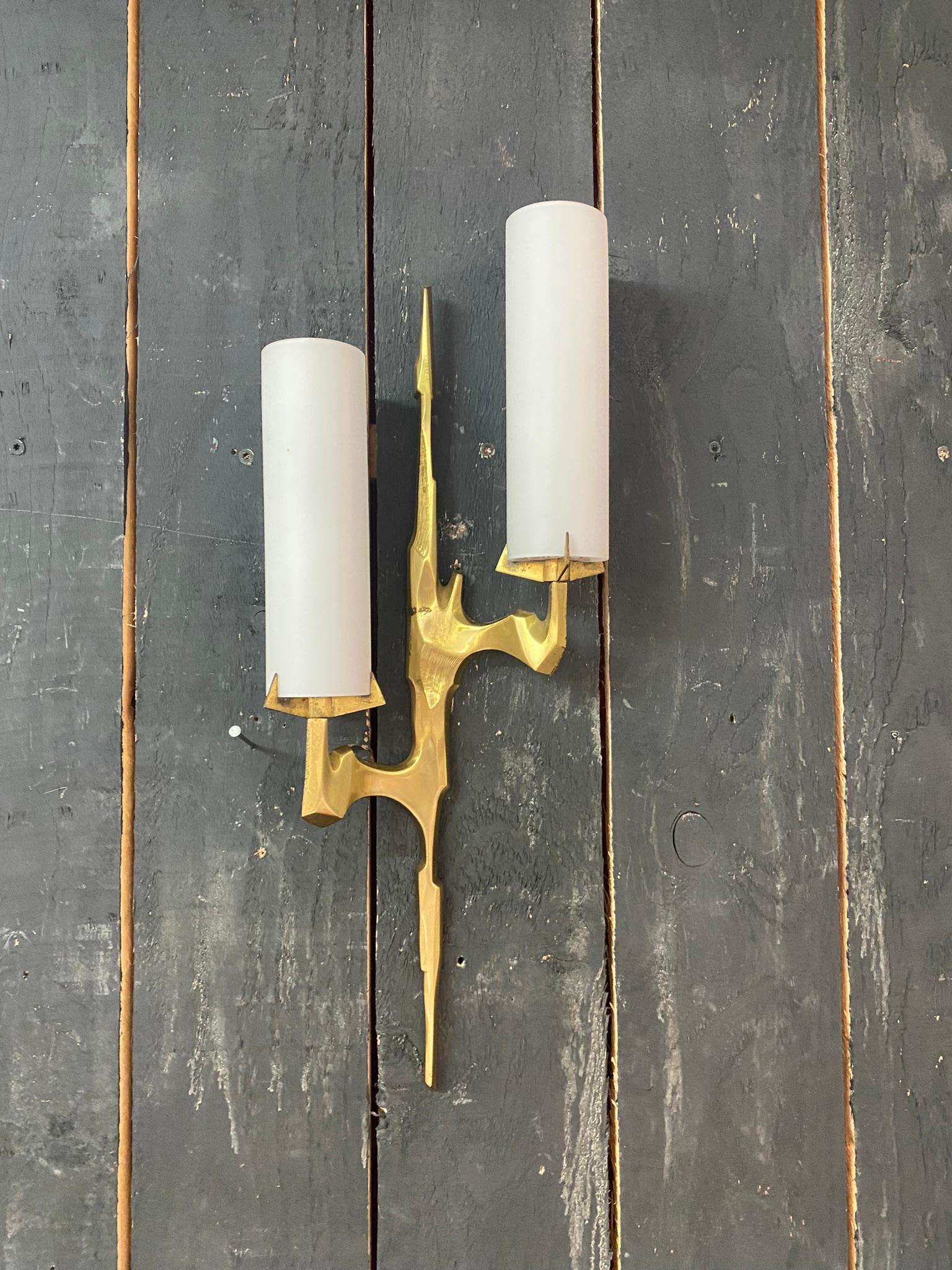 Mid-Century Modern Arlus, Pair  of Sconces in Bronze and Opaline Glass, circa 1960