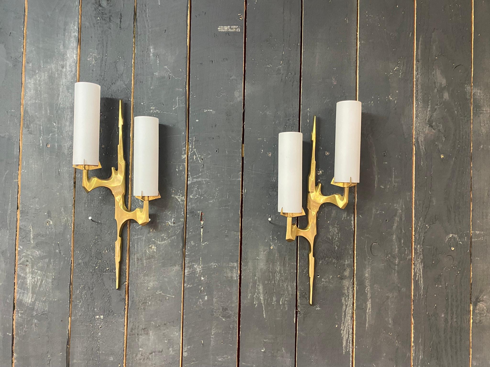 Arlus, Pair  of Sconces in Bronze and Opaline Glass, circa 1960 In Good Condition In Saint-Ouen, FR