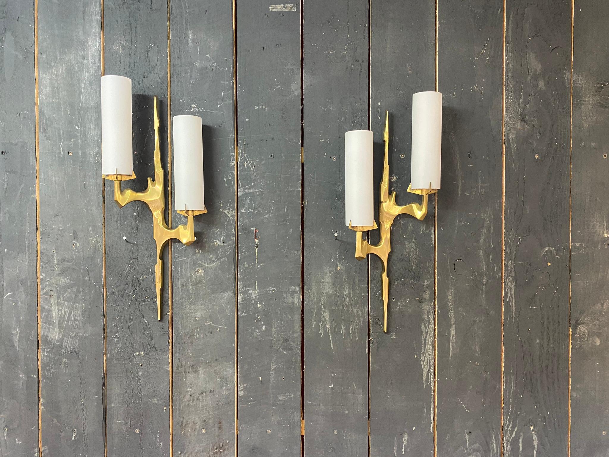 Mid-20th Century Arlus, Pair  of Sconces in Bronze and Opaline Glass, circa 1960