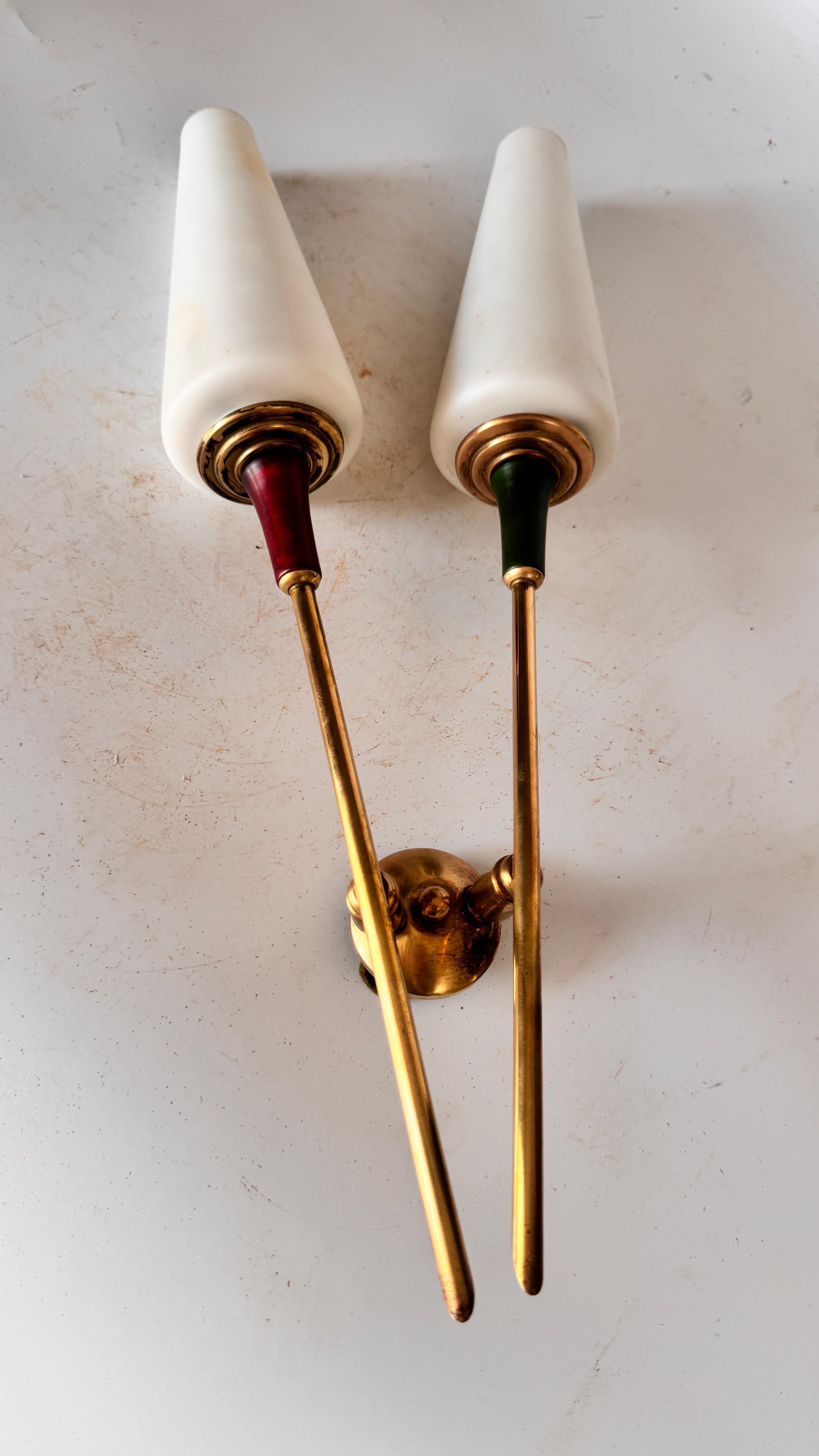 Mid-Century Modern Arlus Style Sconce with two -branch opaline lampshades Circa 1950 For Sale