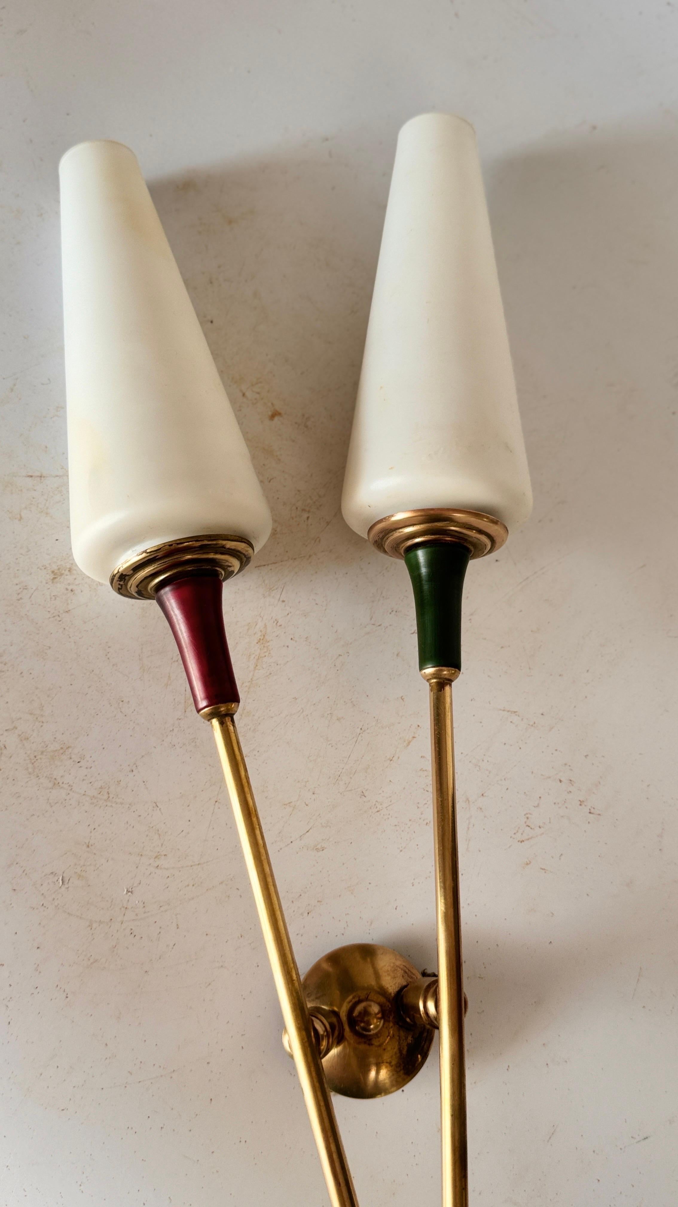 Arlus Style Sconce with two -branch opaline lampshades Circa 1950 In Good Condition For Sale In Auribeau sur Siagne, FR