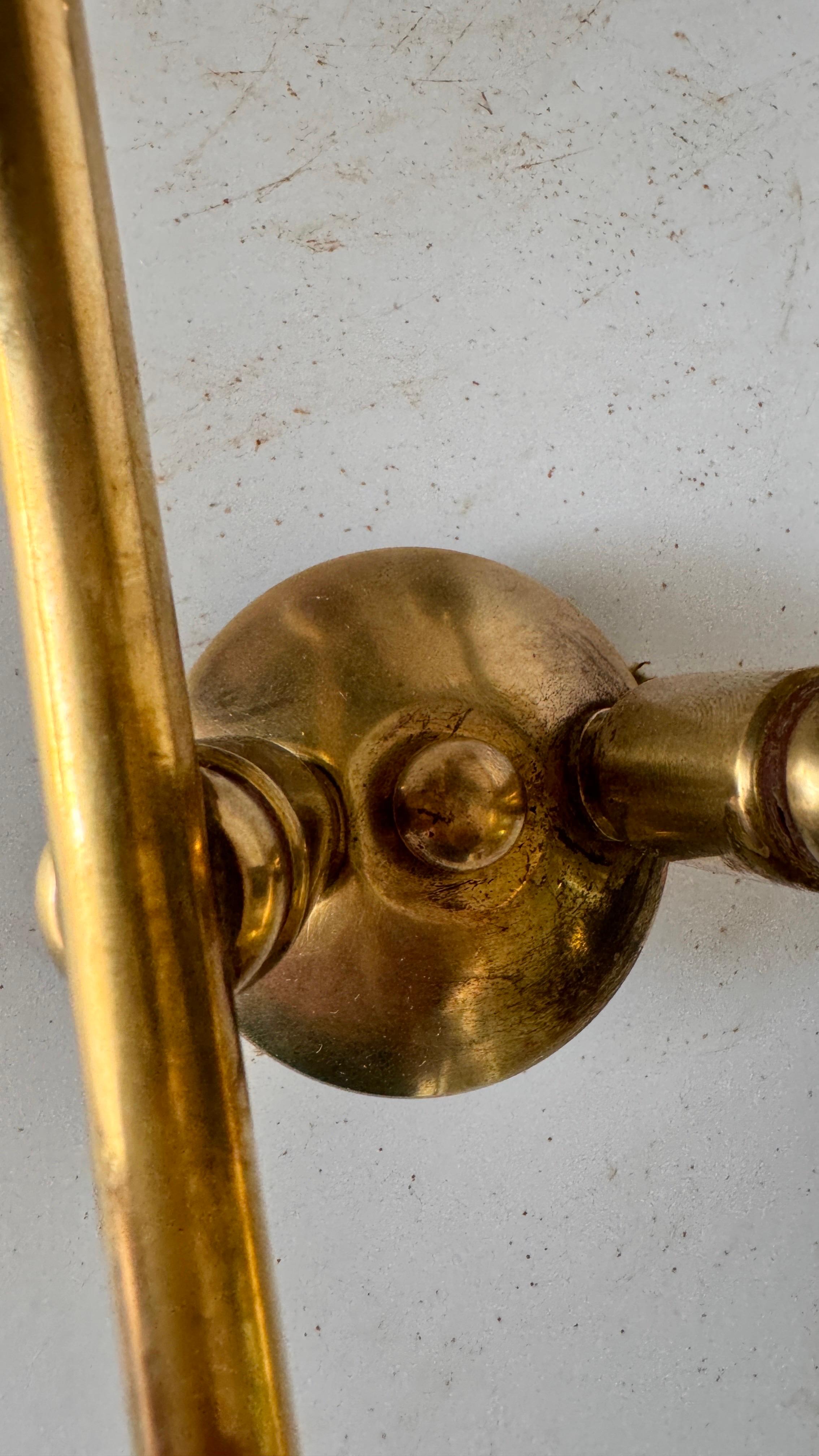 Brass Arlus Style Sconce with two -branch opaline lampshades Circa 1950 For Sale