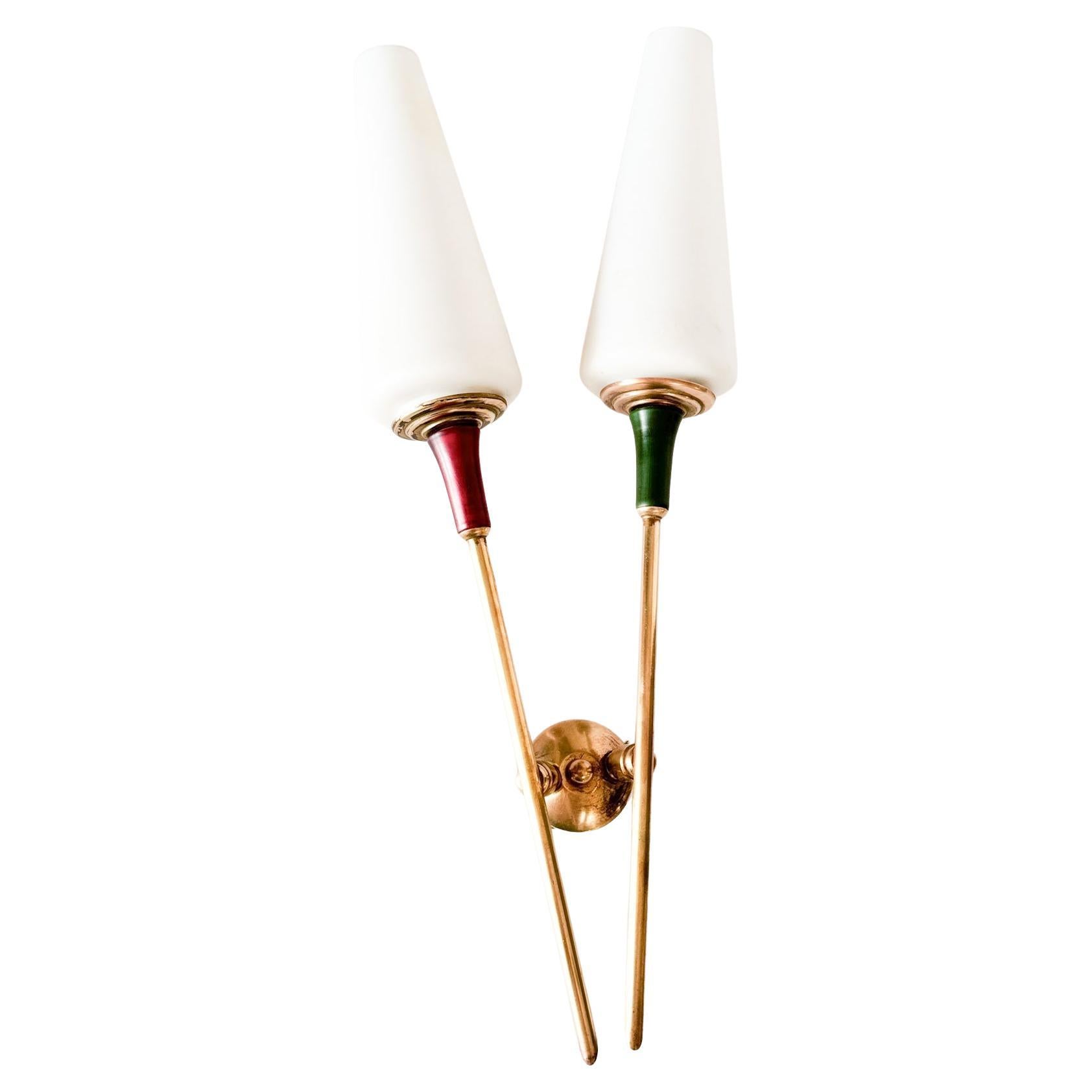 Arlus Style Sconce with two -branch opaline lampshades Circa 1950 For Sale