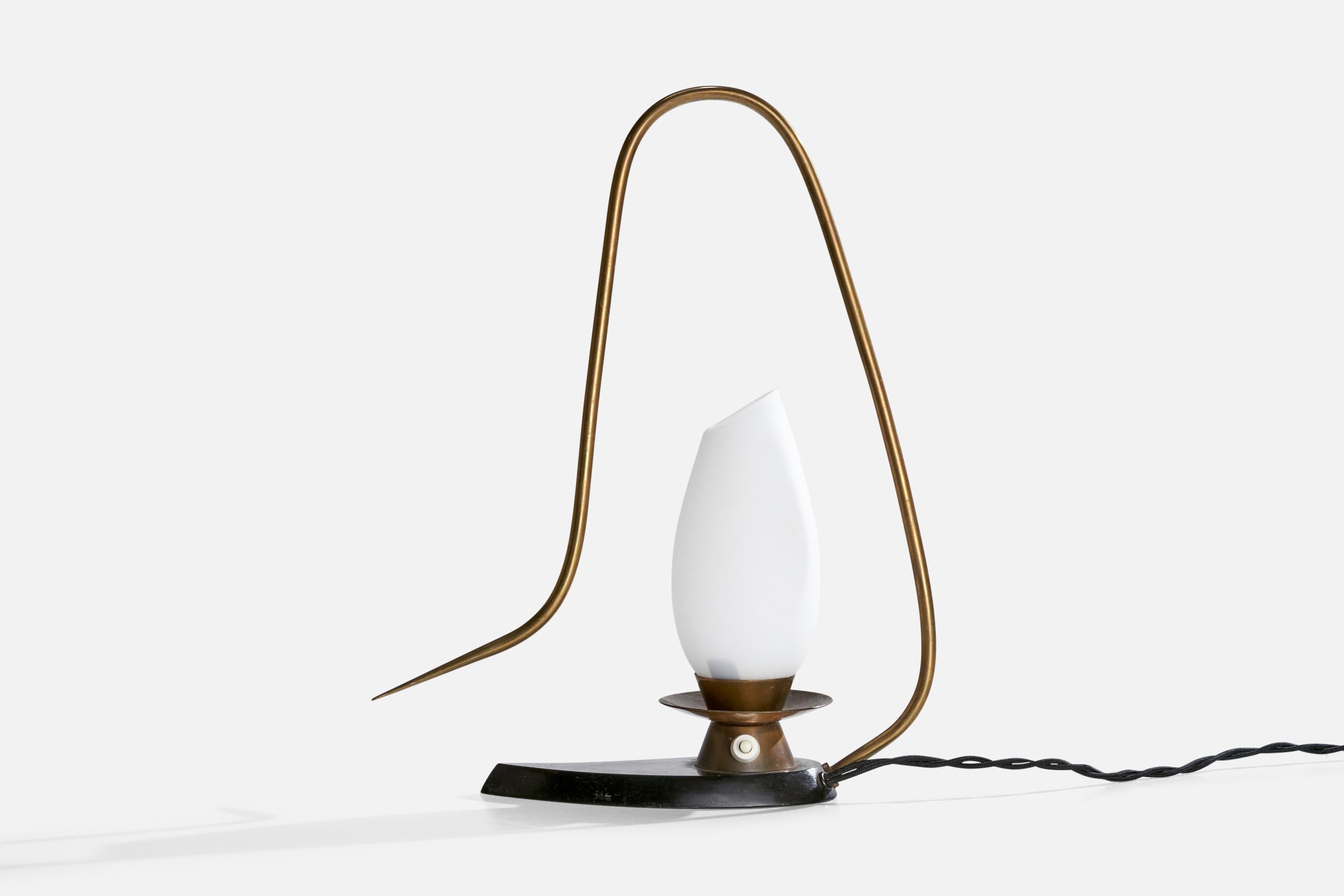 A  brass, black-lacquered metal and opaline glass table lamps produced by Arlus, France, c. 1950s.

Dimensions of Lamp with Shade (inches):  14“ H x  11.5“ W x 3.5“ D

Bulb Specifications: bayonet

Number of Sockets (per fixture): 1

Sold with