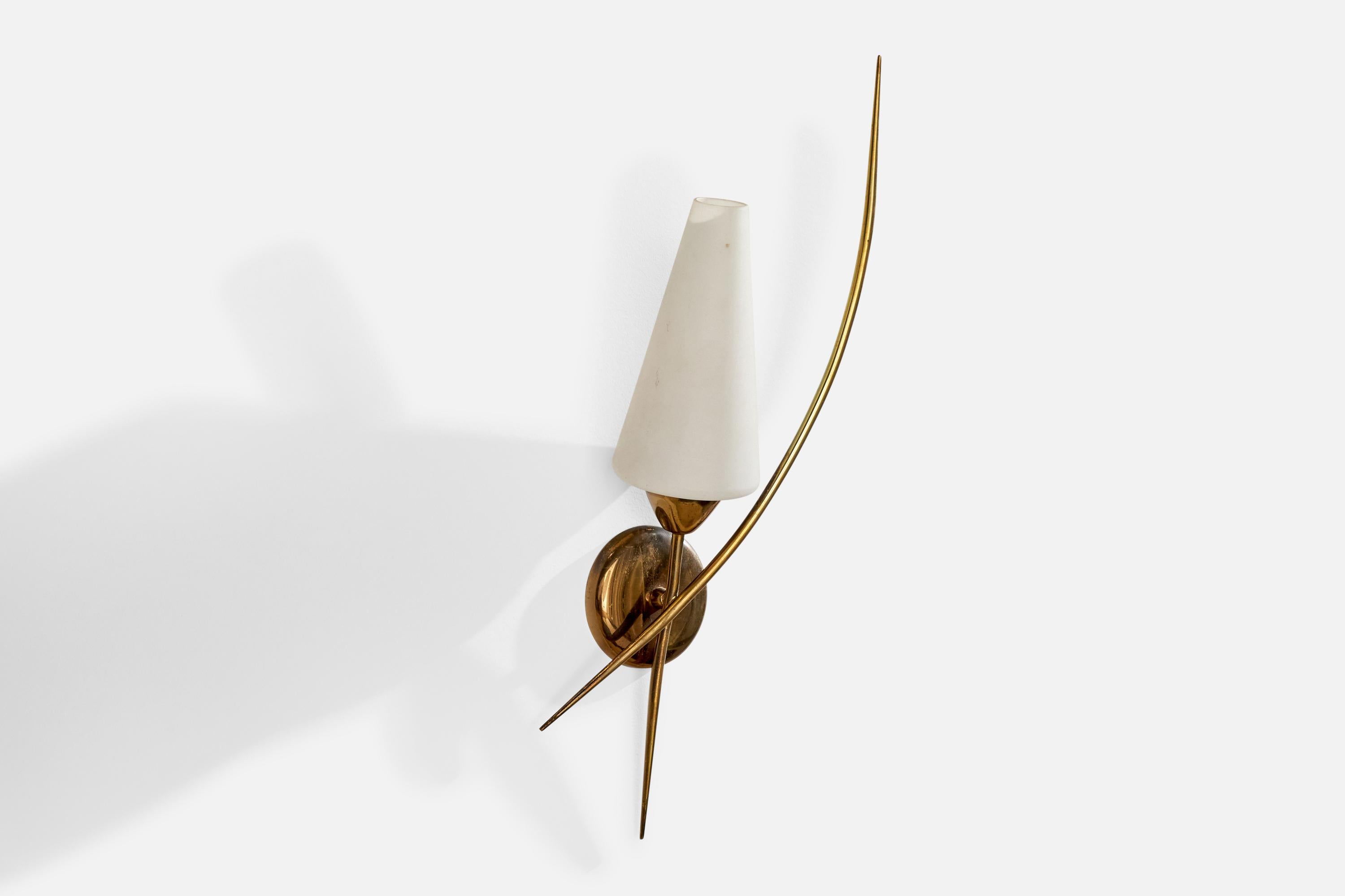 A brass and opaline glass wall light attributed to Arlus, France, c. 1950s.

Overall Dimensions (inches): 20.75” H x  6.5  ” W x 4 “D

Back Plate Dimensions (Inches):  3.625”  3.625 ” W x .625 ” D

Bulb Specifications: Bayonet bulbNumber of Sockets