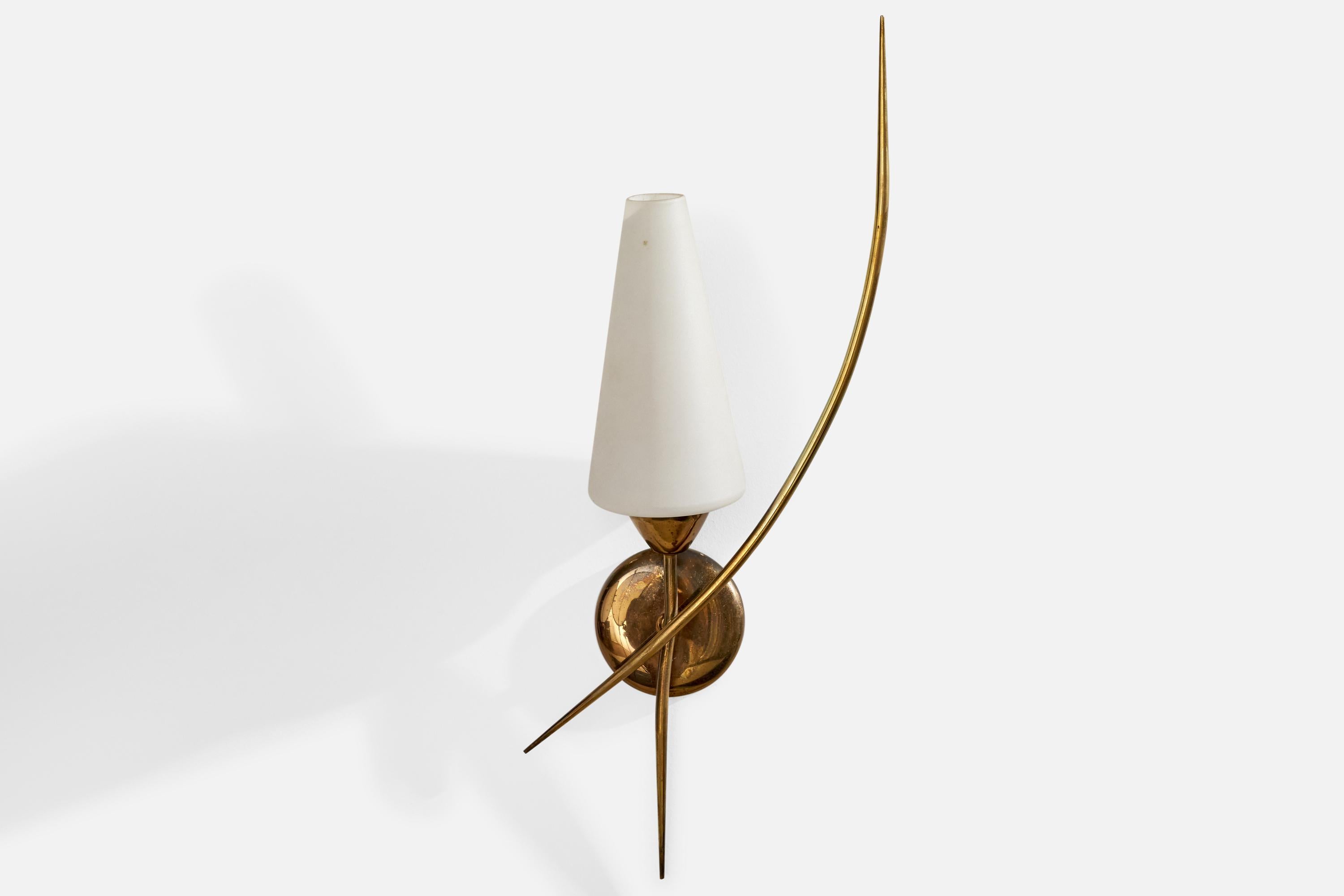 Mid-Century Modern Arlus, Wall Light, Brass, Glass, France, 1950s For Sale