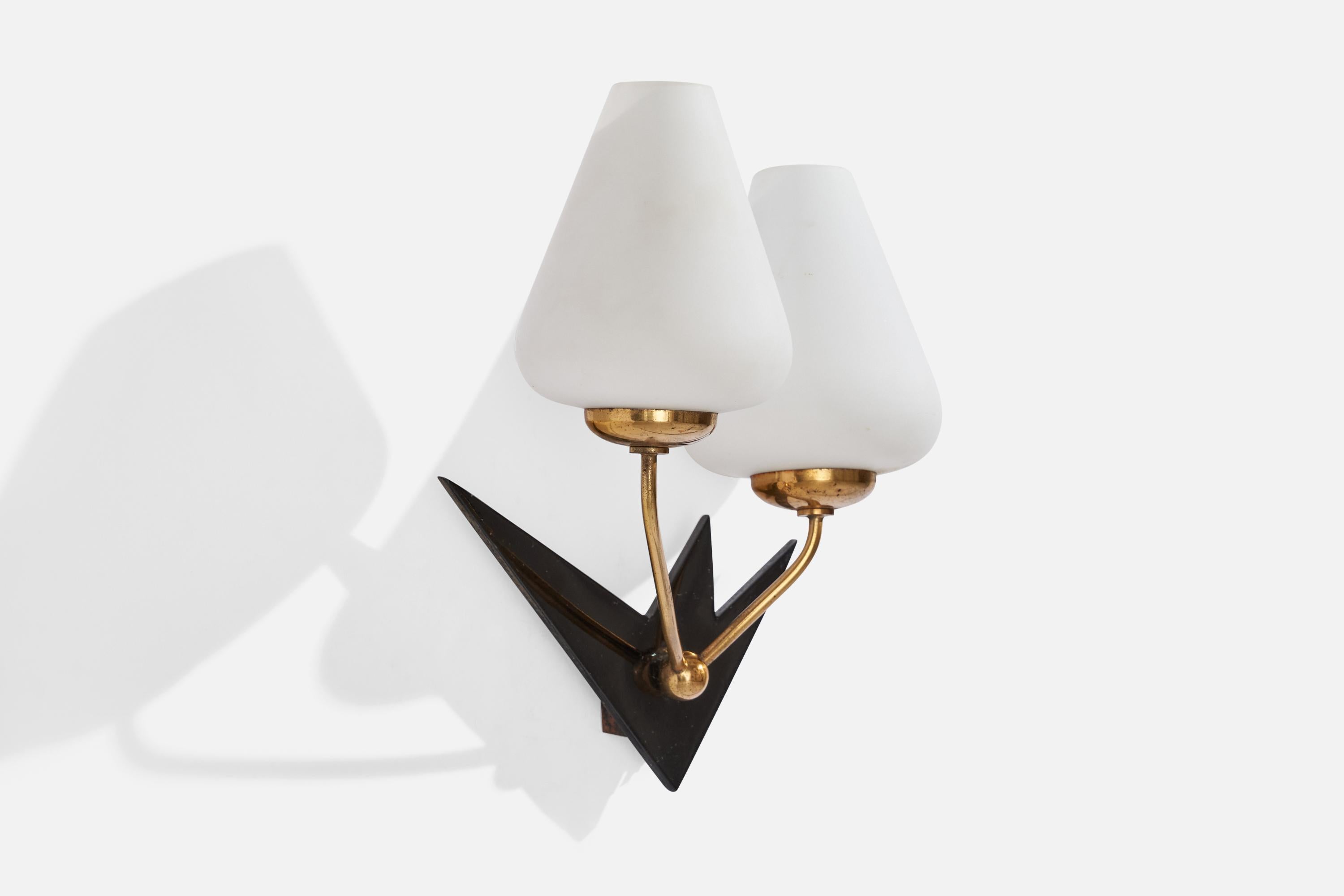 A brass, black-lacquered metal and opaline glass wall light produced by Arlus, France, c. 1950s.

Overall Dimensions (inches): 12” H x 10” W x 2.60” D
Back Plate Dimensions (inches): 1.45” H x 1.47” W x 1” D
Bulb Specifications: E-14 Bulb
Number of
