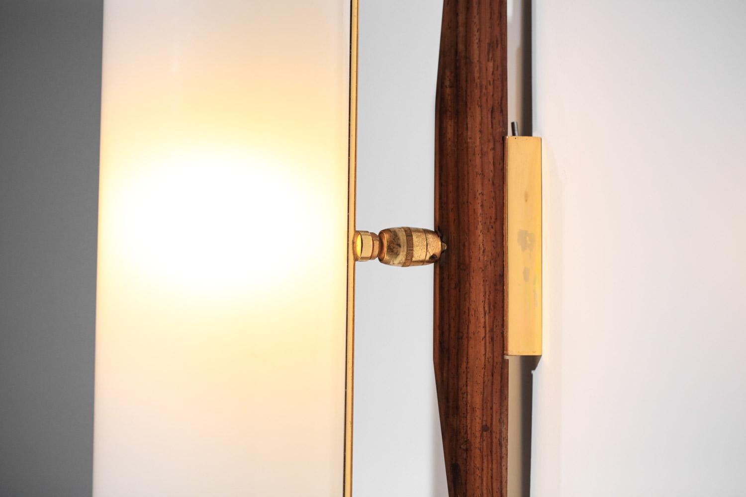French Arlus wall light plexiglass teak and brass tube 60s  For Sale