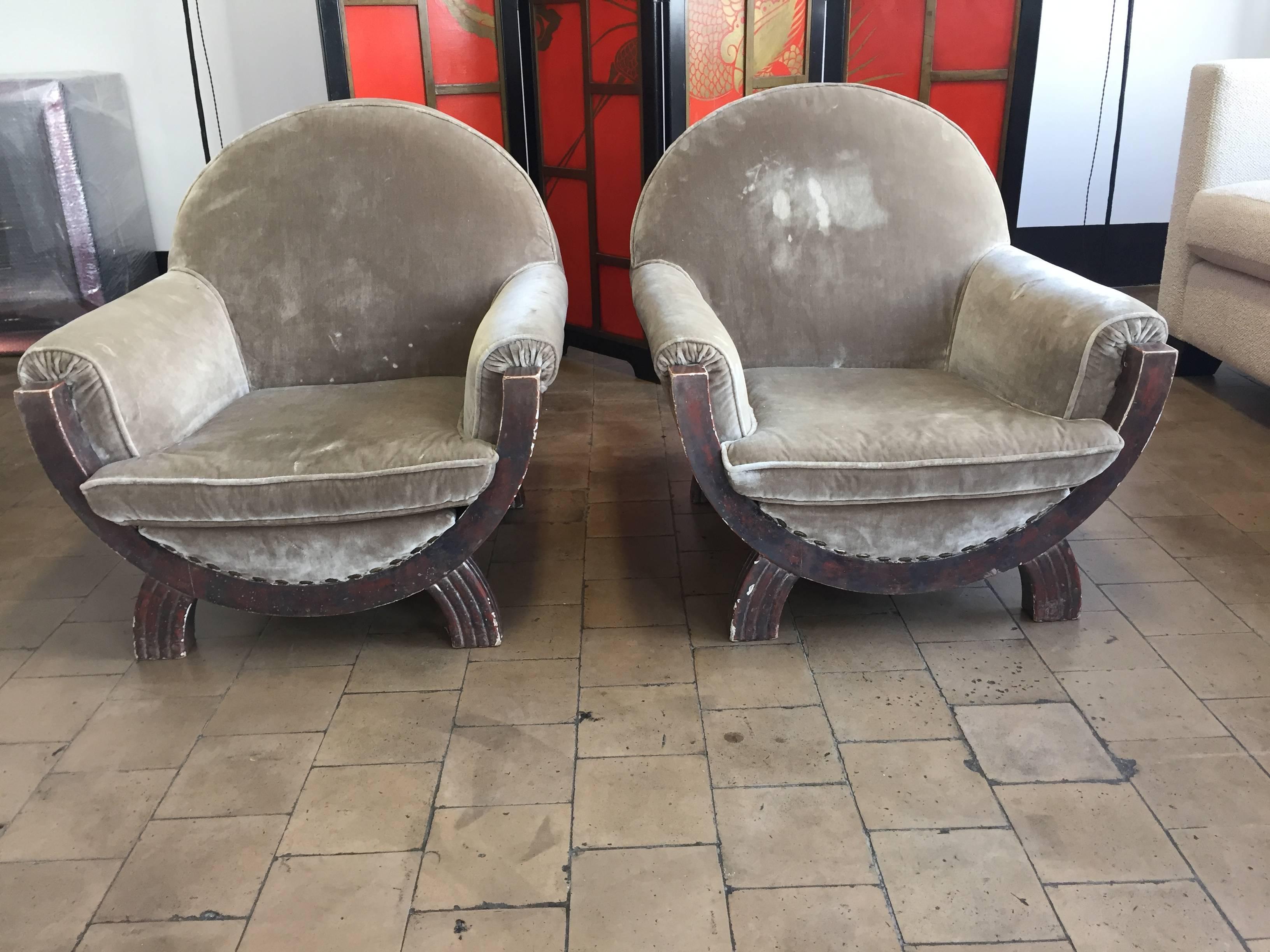 Wood Armchairs Art Deco Silvered