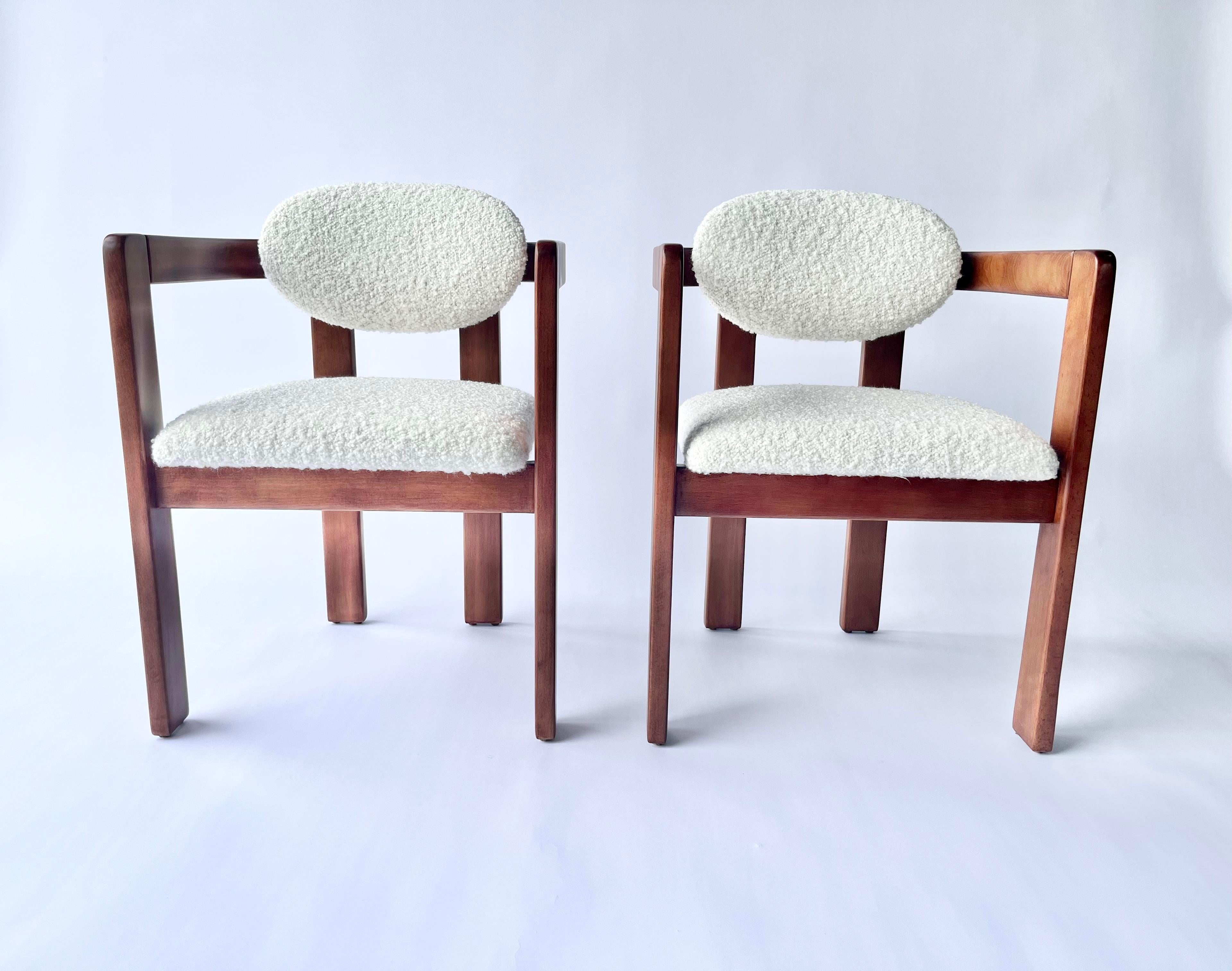 Arm Chairs in the style of Tobia Scarpa, Made in Italy 1970s,
Price is for one chair, in total five chairs available.
Chairs have been refinished. Seats and backs recovered in Kravet Ivory Boucle. Ready for a new home.