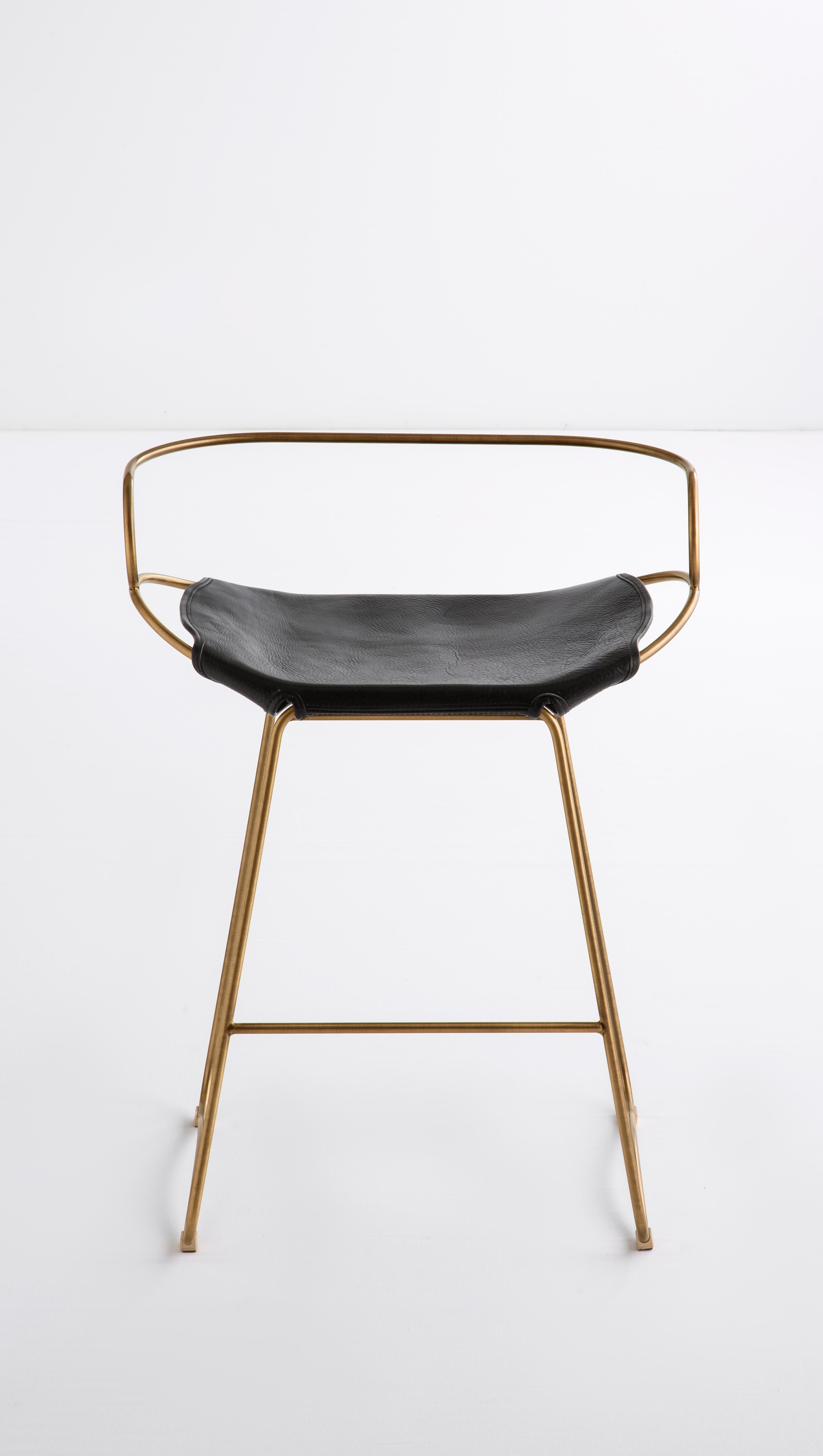 D Stool, Bar Stool in Aged Brass and Natural Leather (Counter Height