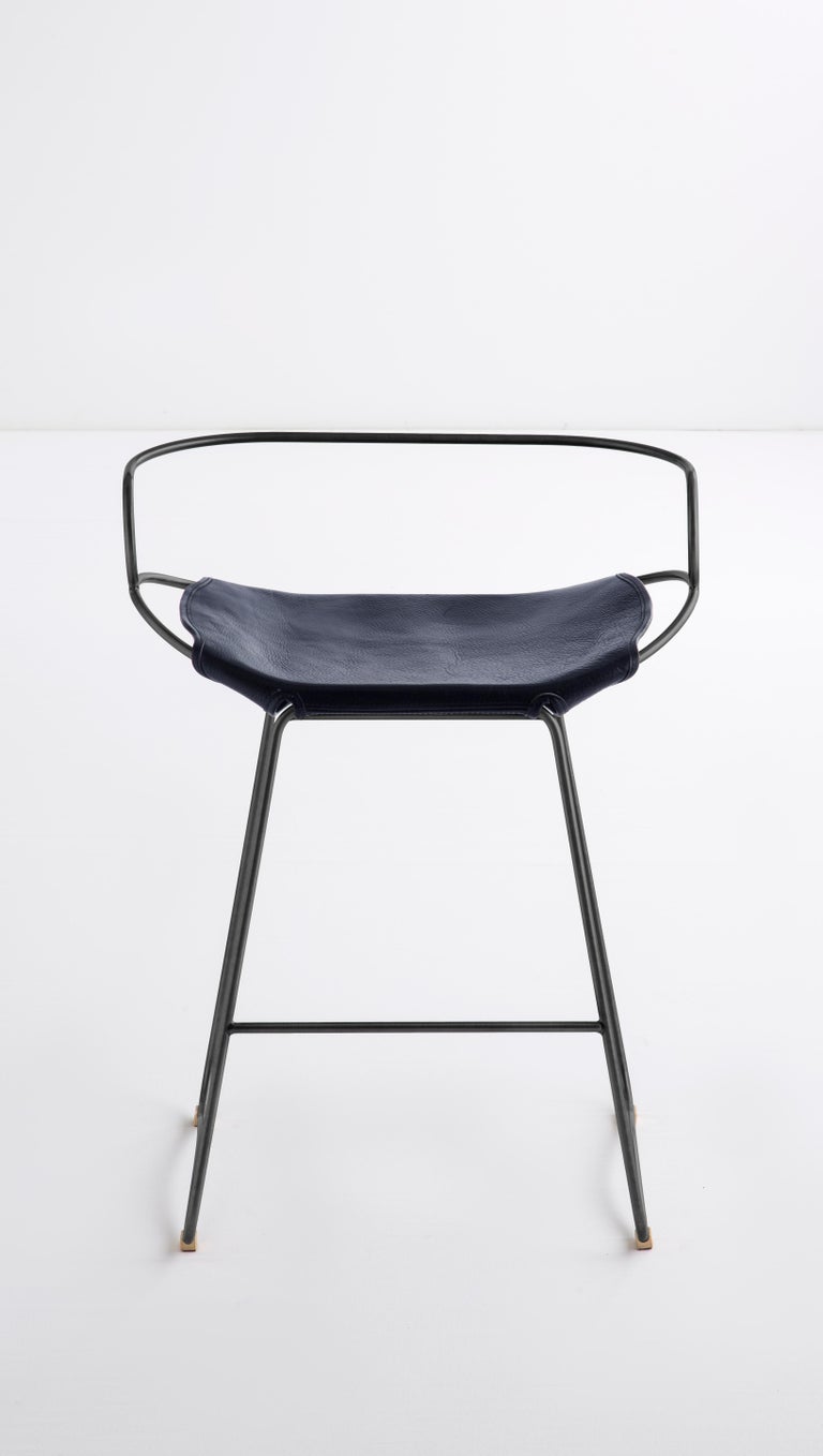 Organic Kitchen Counter Stool w. Backrest Black Smoke Metal and Navy