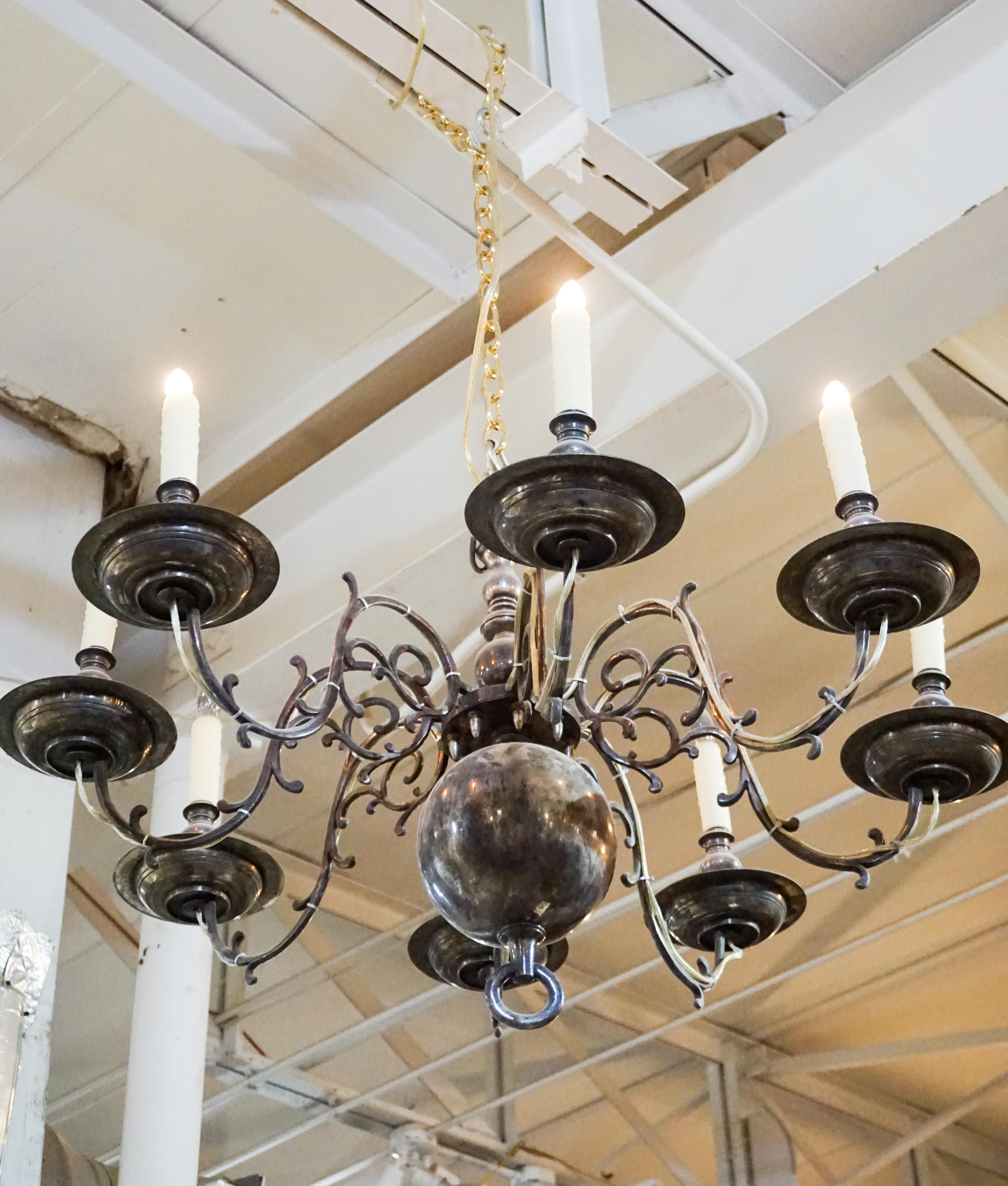 Arm Silver Plated Chandelier, circa 1920 In Good Condition In Dallas, TX