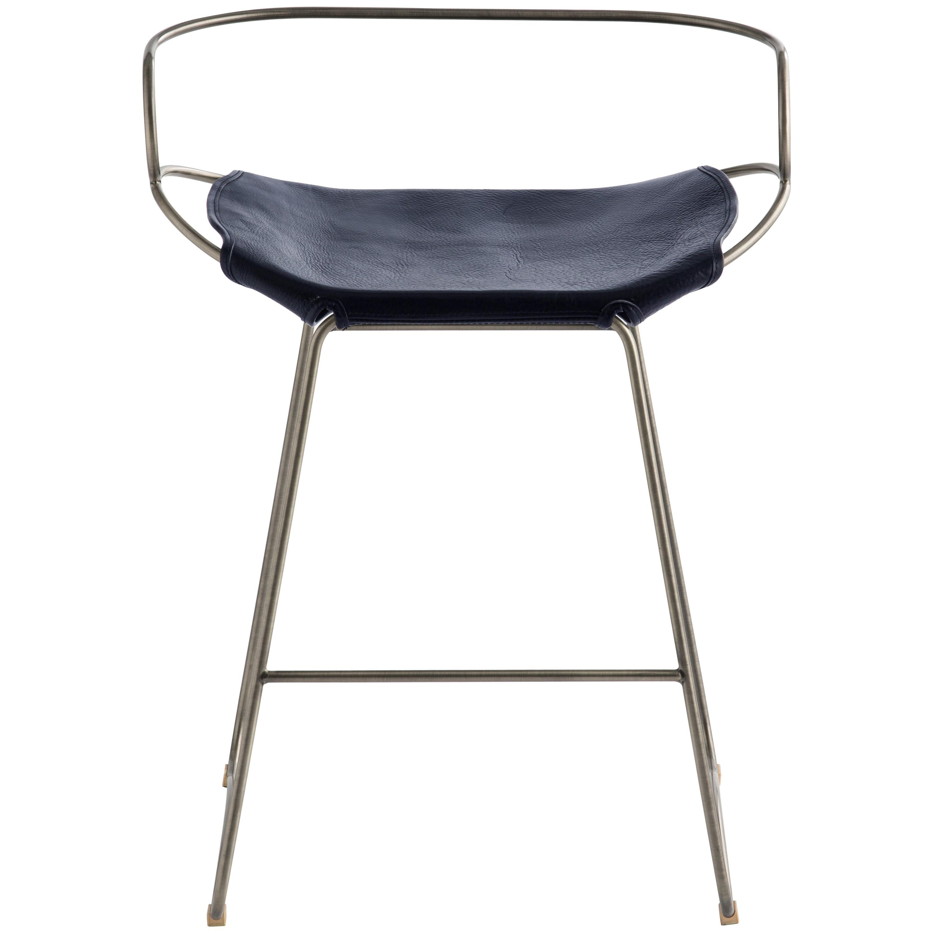 Sculptural Kitchen Counter Bar Stool w Backrest Old Silver Metal & Navy Leather  For Sale