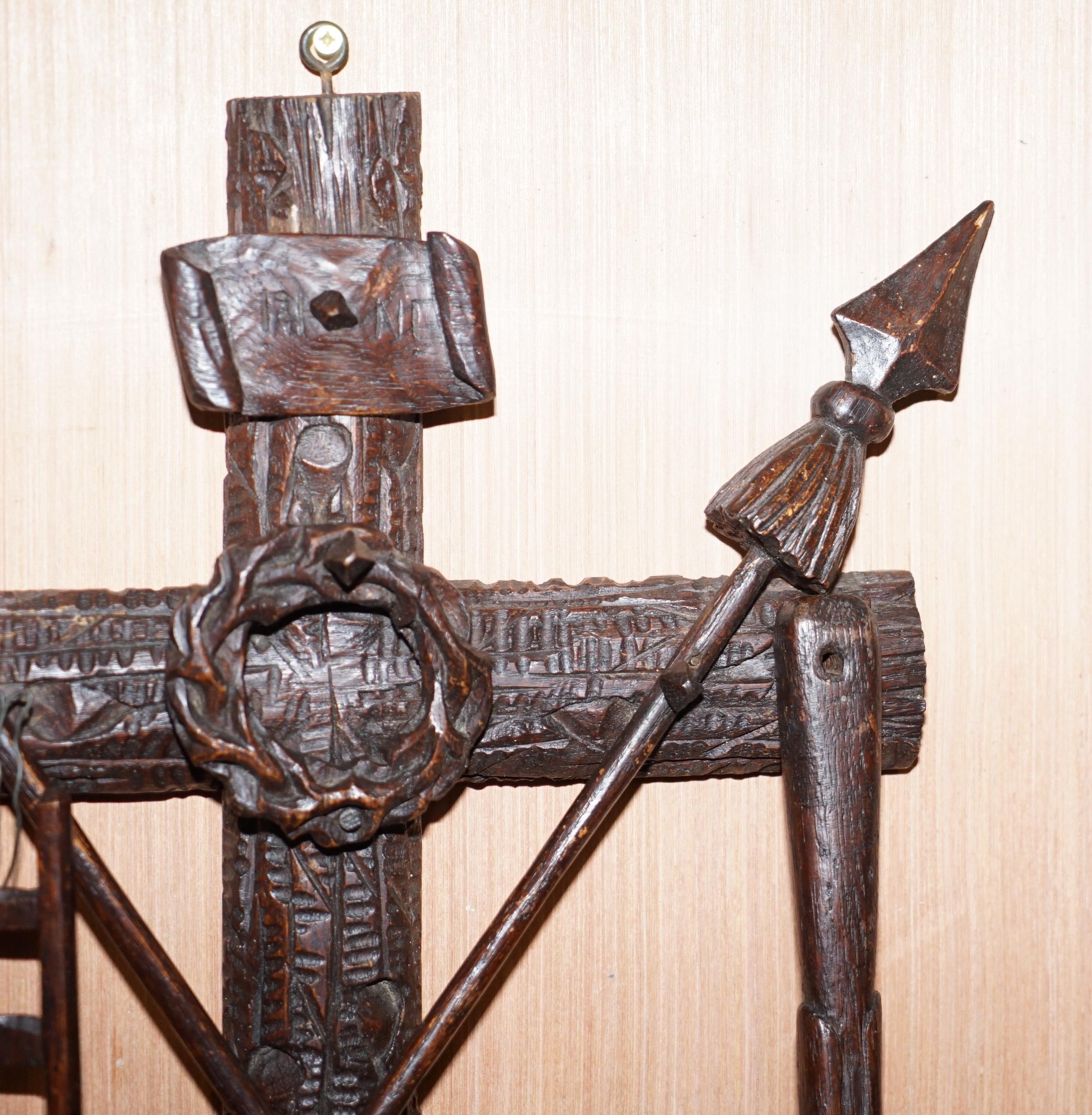 Georgian Arma Christi 18th Century Black Forest Carved Wood Instruments of Passion Cross