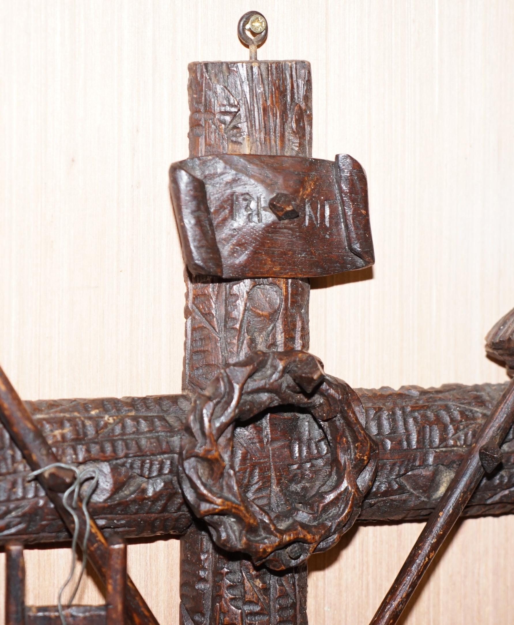 English Arma Christi 18th Century Black Forest Carved Wood Instruments of Passion Cross