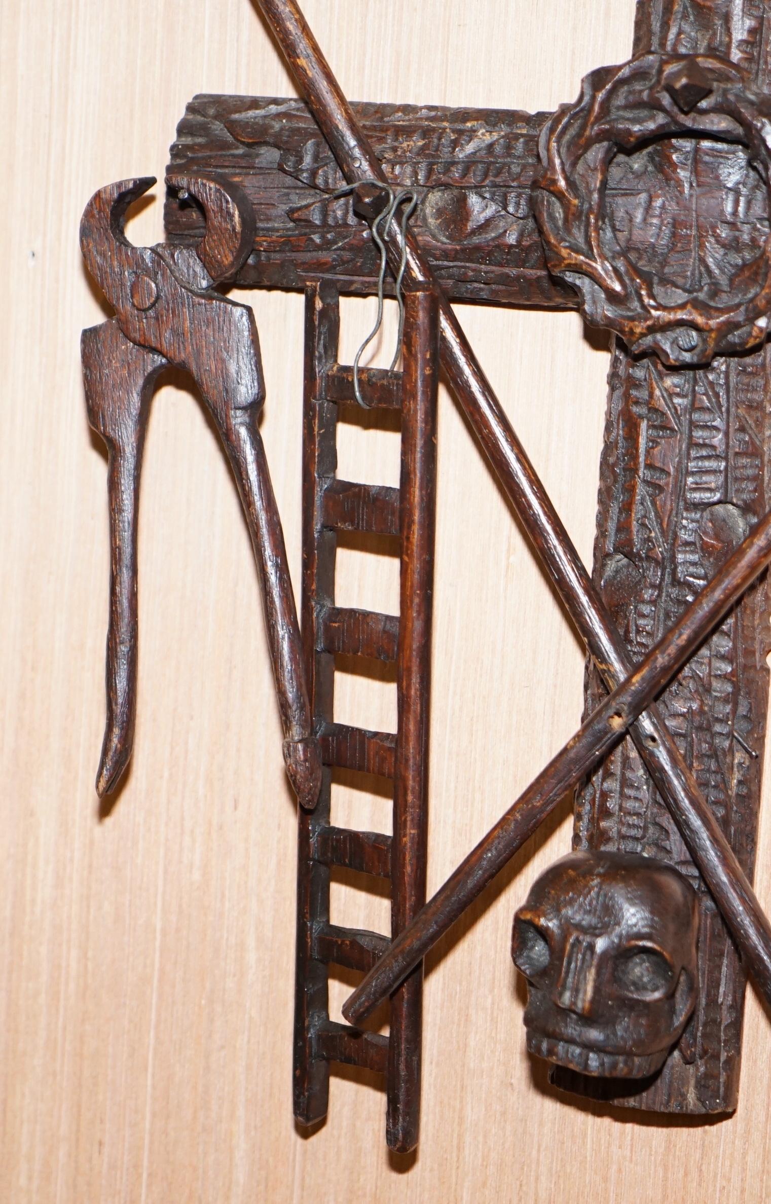 Hand-Carved Arma Christi 18th Century Black Forest Carved Wood Instruments of Passion Cross